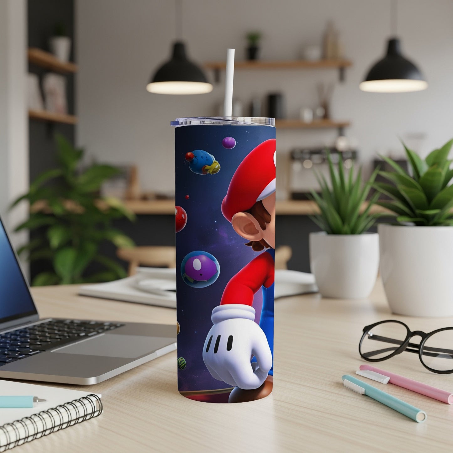 Super Mario character on a skinny tumbler with planets in the background.