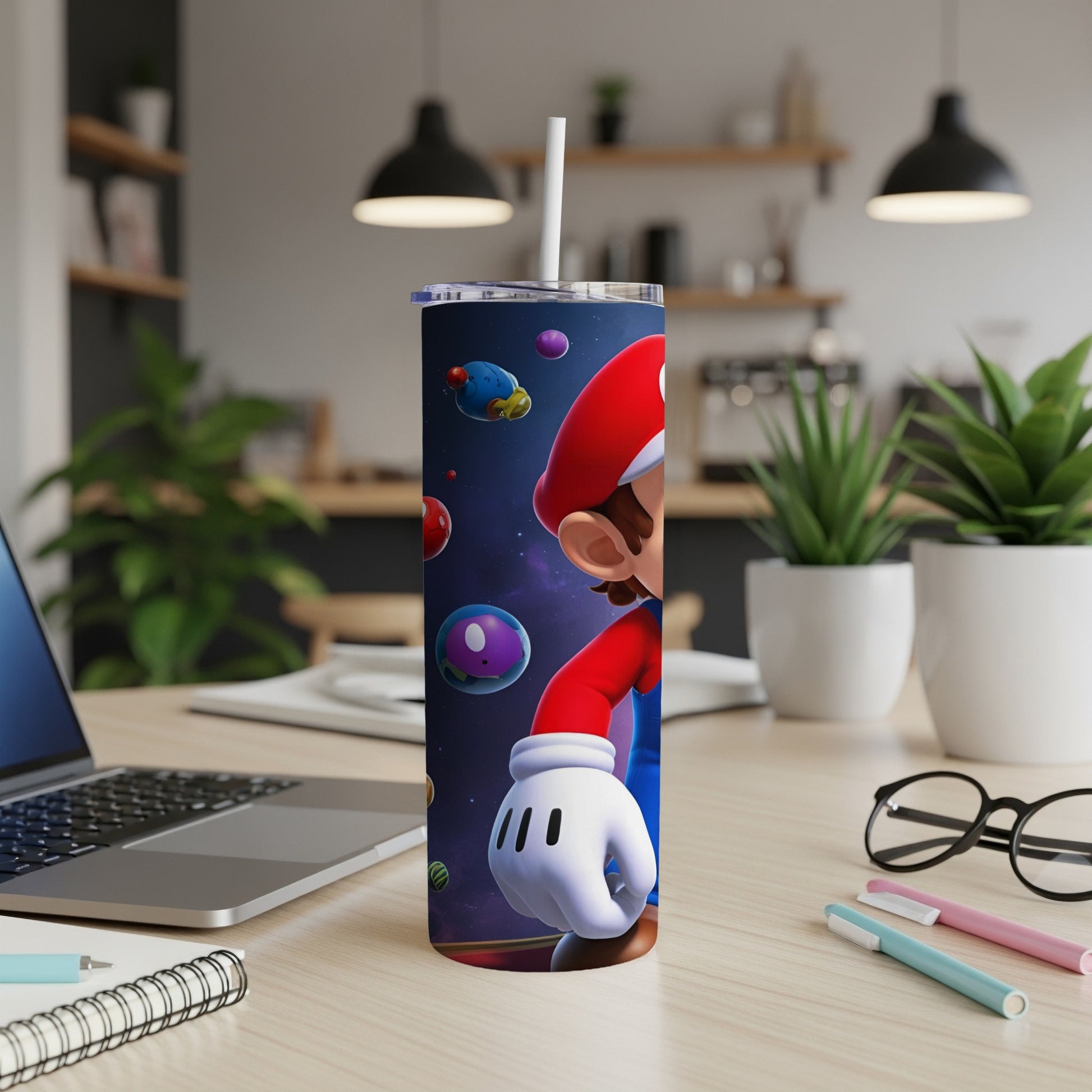 Super Mario character on a skinny tumbler with planets in the background.