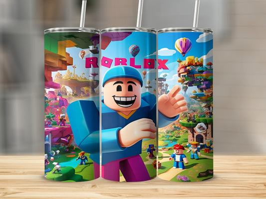 Three Roblox-themed tumblers with colorful, cartoon characters and landscapes.