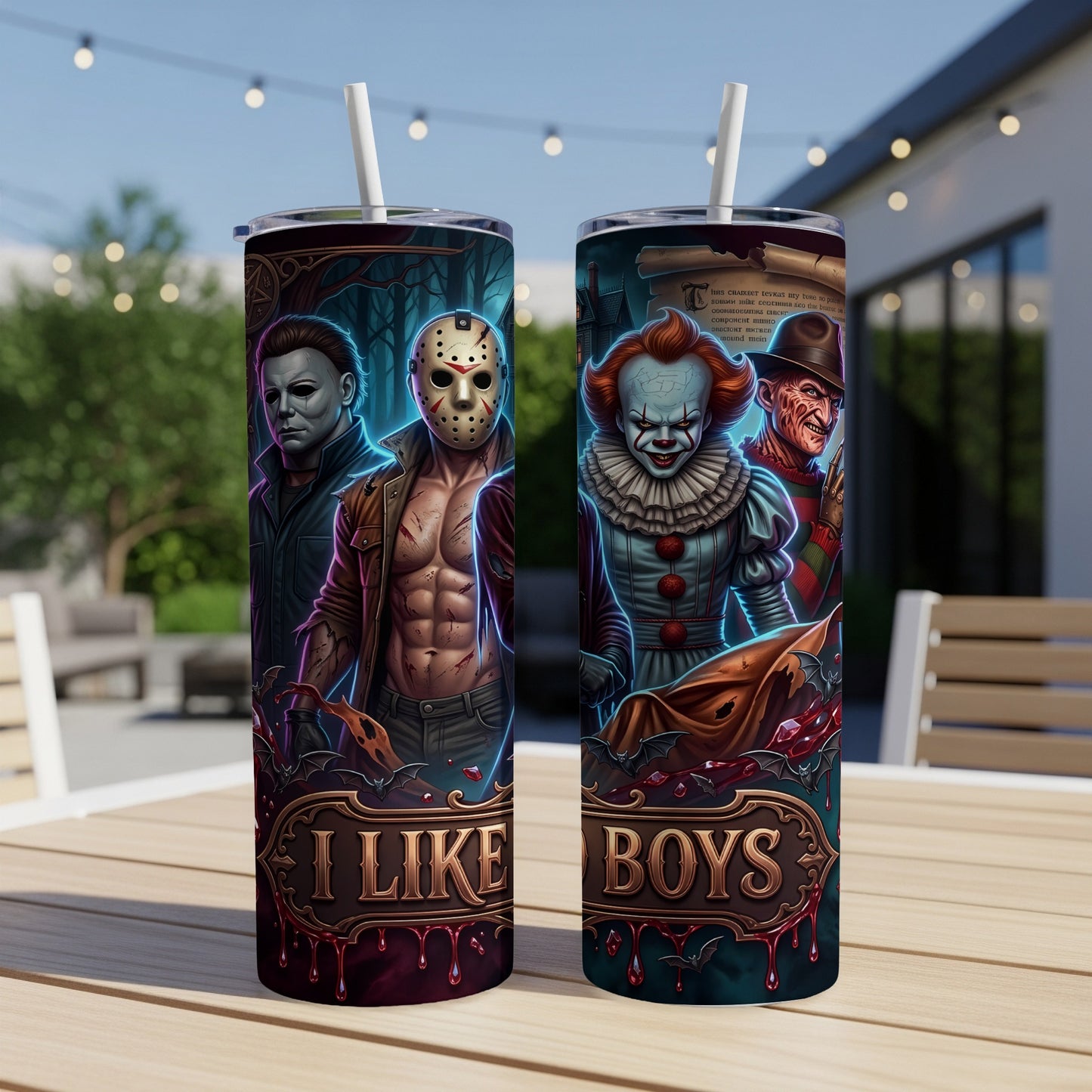 Two tumblers feature horror movie characters with text "I LIKE BOYS".