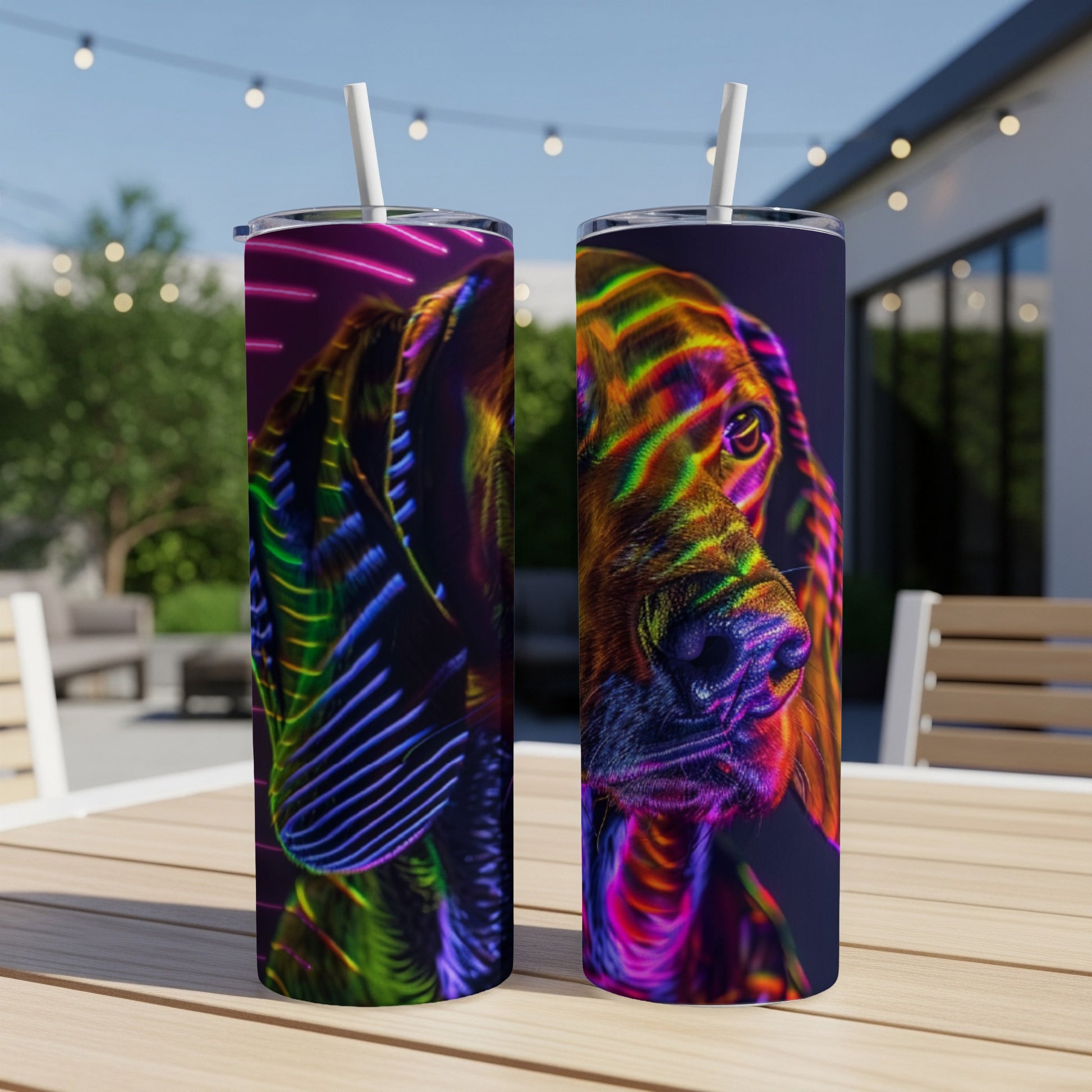 Tumbler with a colorful abstract dog portrait, set on a table outdoors.