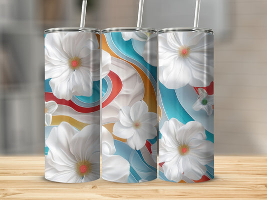 Three tumblers with white flowers and abstract colorful waves.