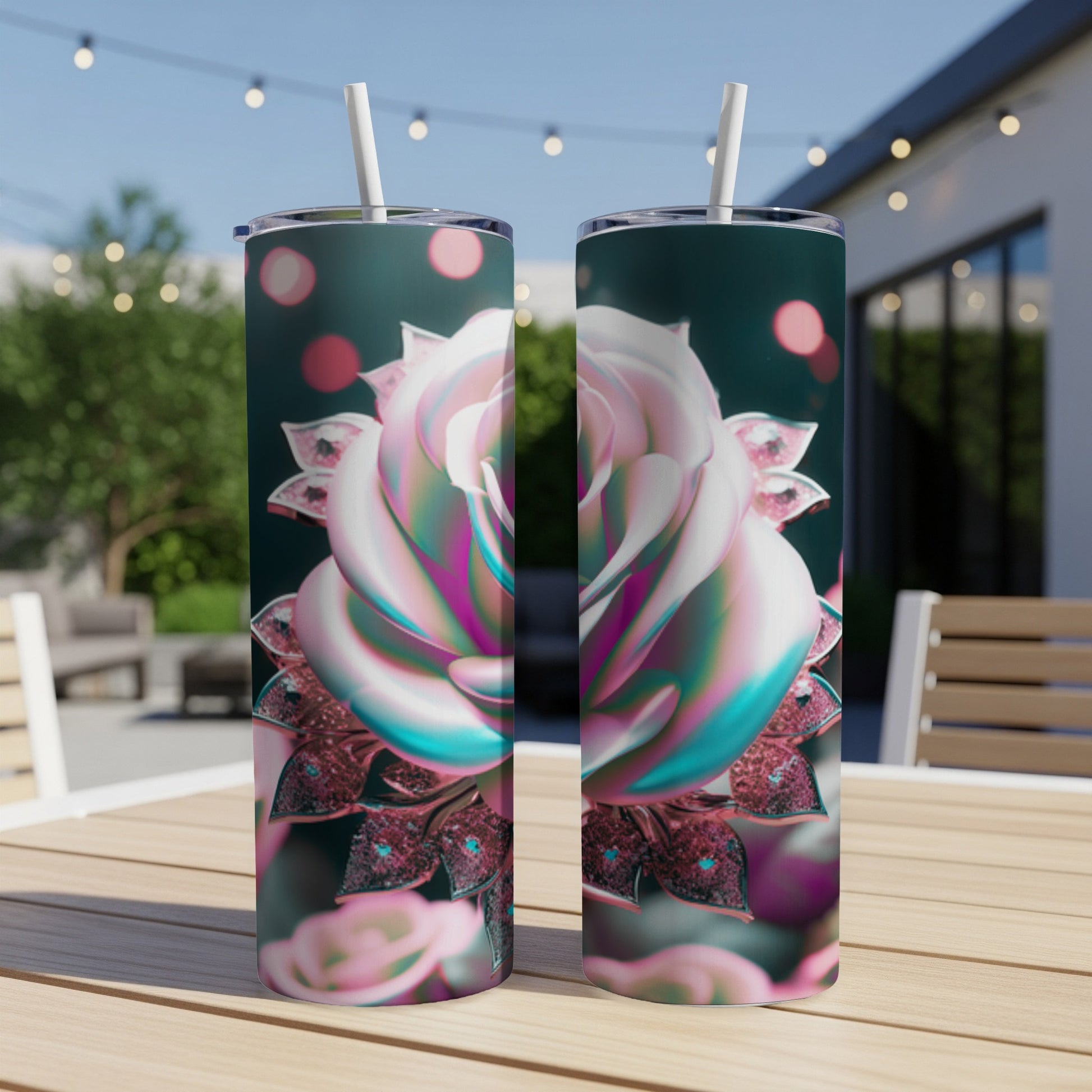 Two tumblers featuring a iridescent rose design, placed outdoors on a table.
