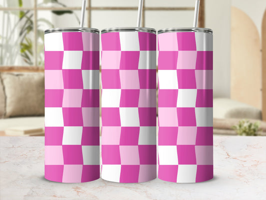Three pink and white checkered tumblers with straws.