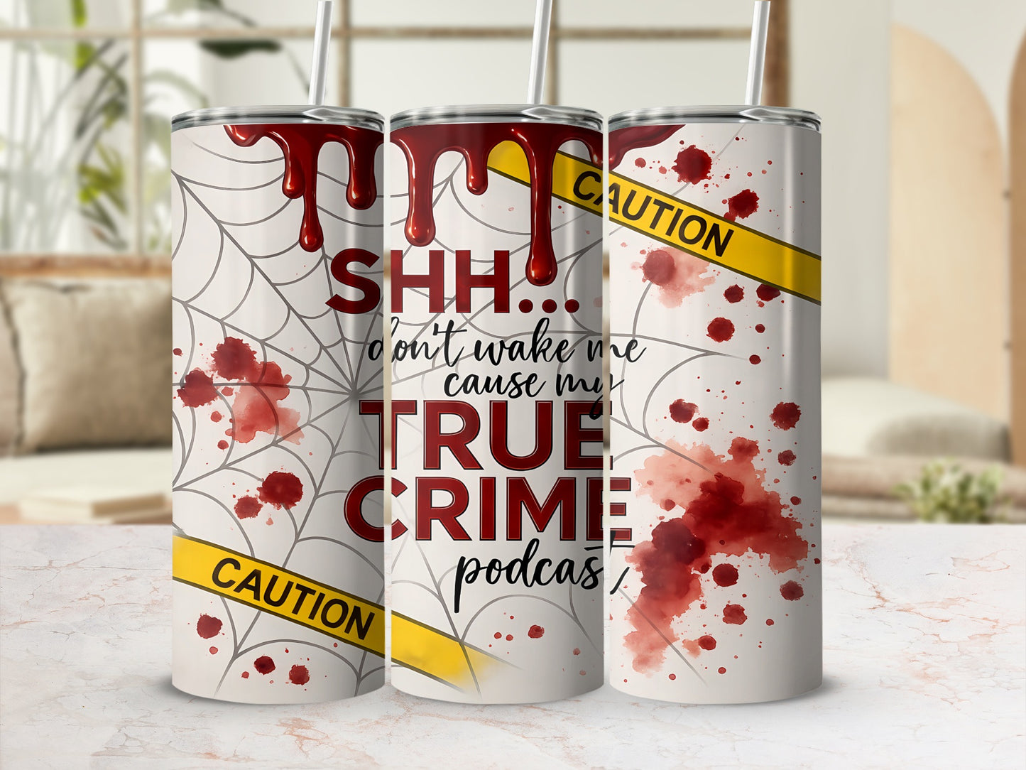 Three tumblers with spiderwebs, blood splatters, and "True Crime Podcast" text.