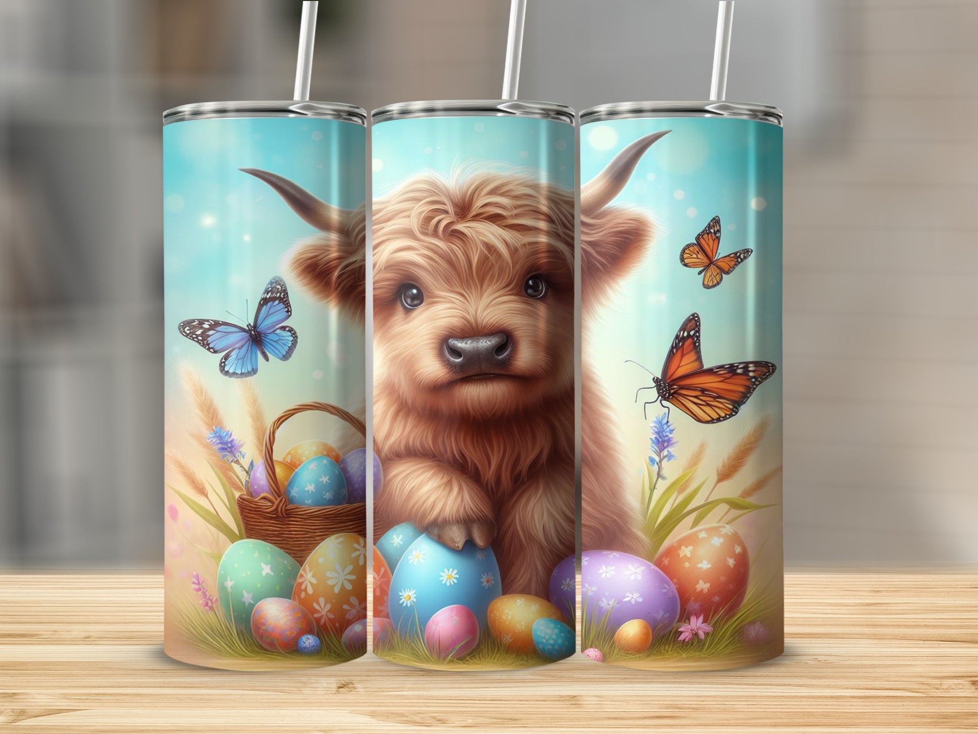 Highland cow with Easter eggs and butterflies.