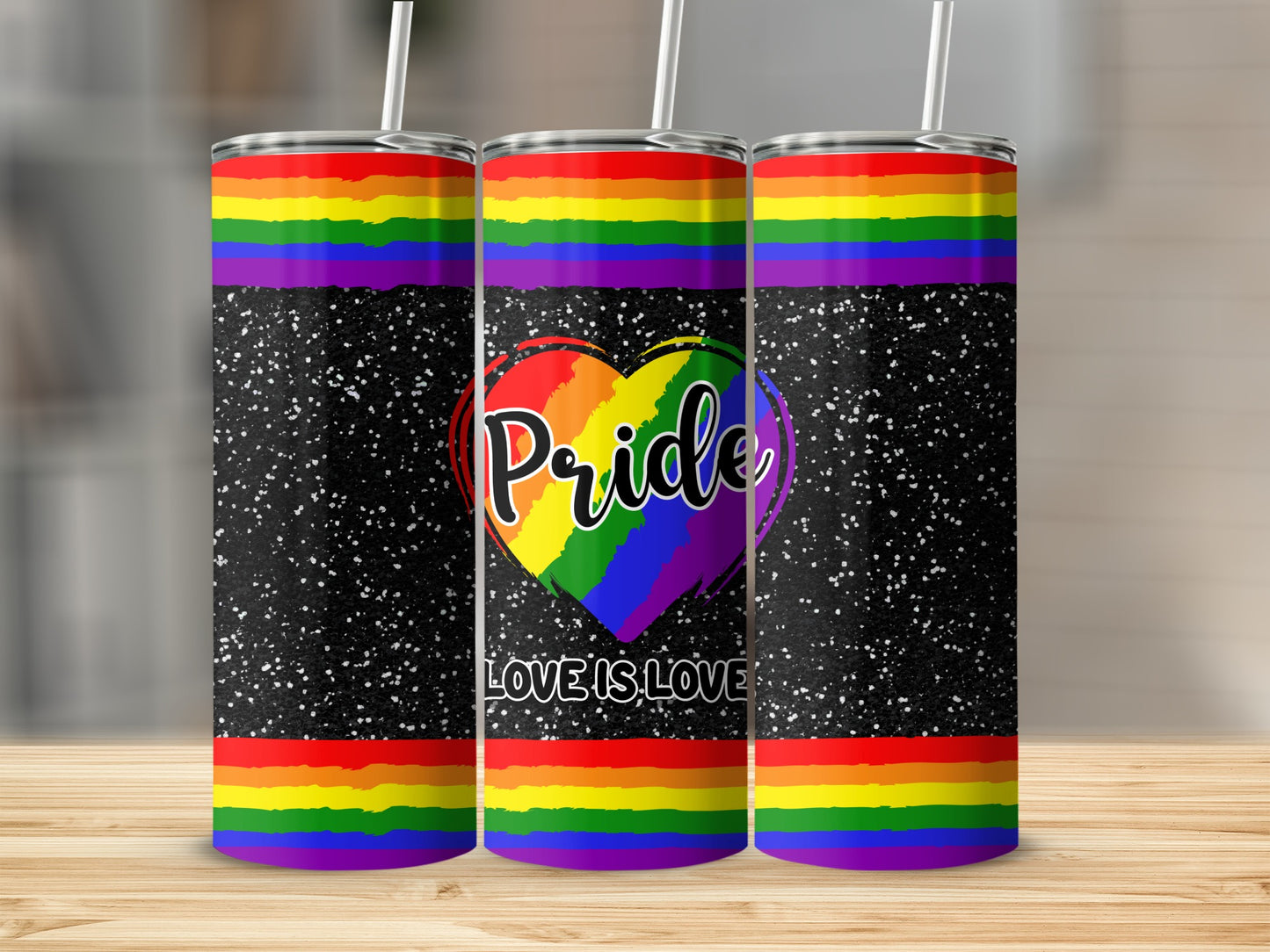 Rainbow pride heart and text on black glitter tumbler.