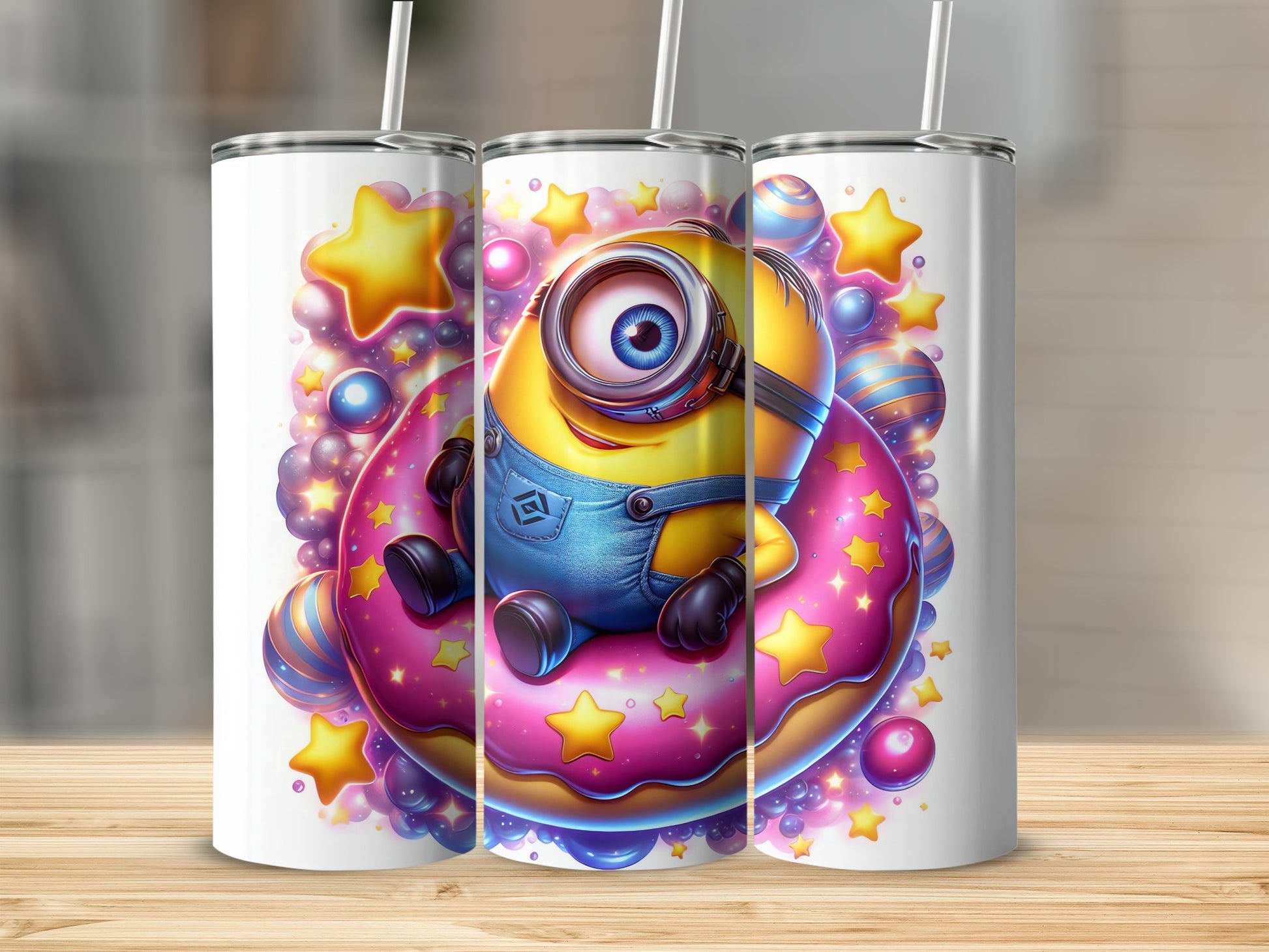 Colorful Cartoon Character on Donut Tumbler Design