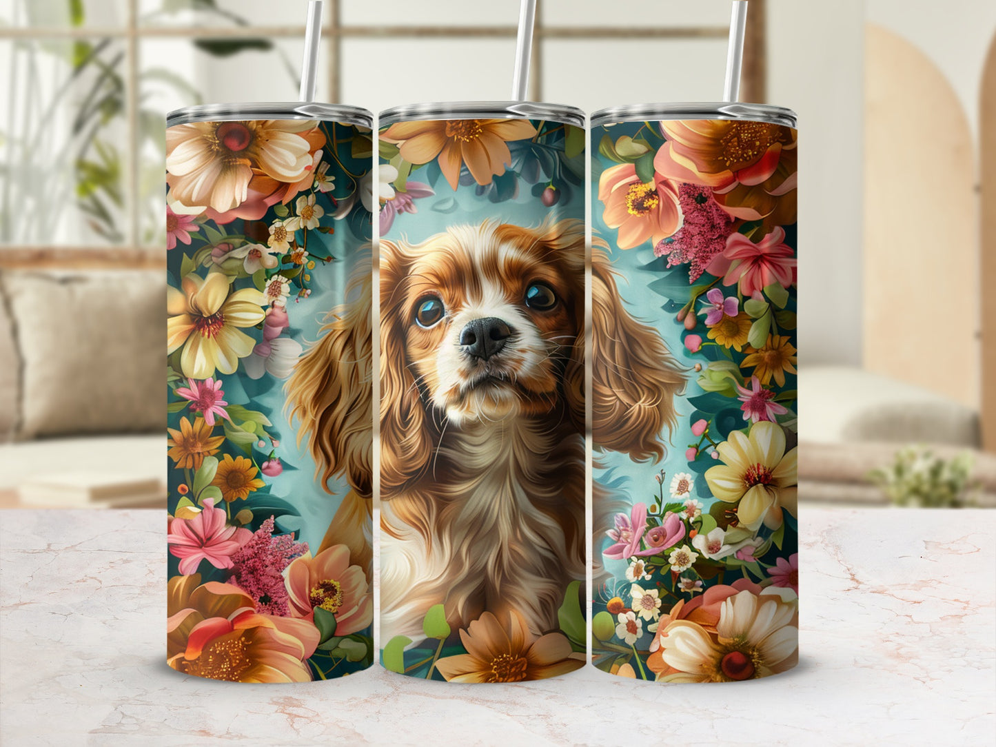 Cavapoo dog face surrounded by colorful floral arrangements on a tumbler.