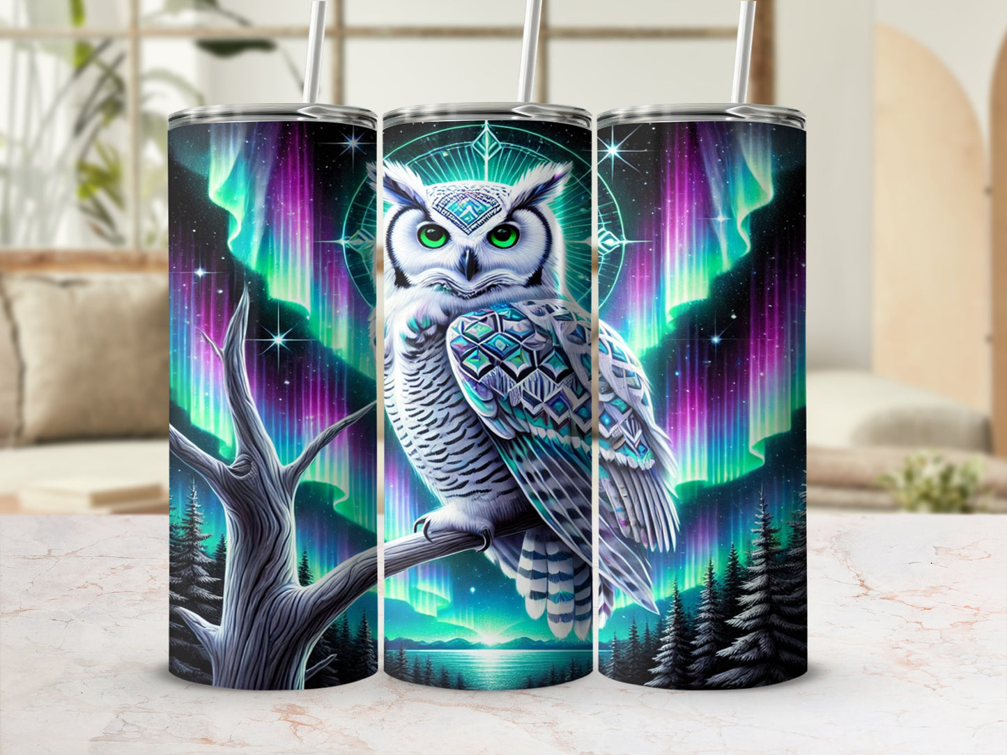 Northern Lights Owl Tumbler with Straw Stainless Steel