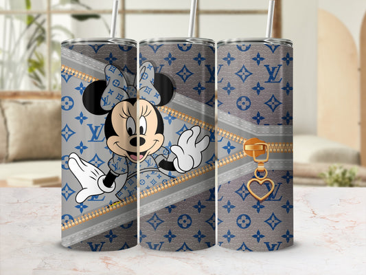 Minnie Mouse on a grey and blue monogrammed tumbler with a gold zipper and heart charm.