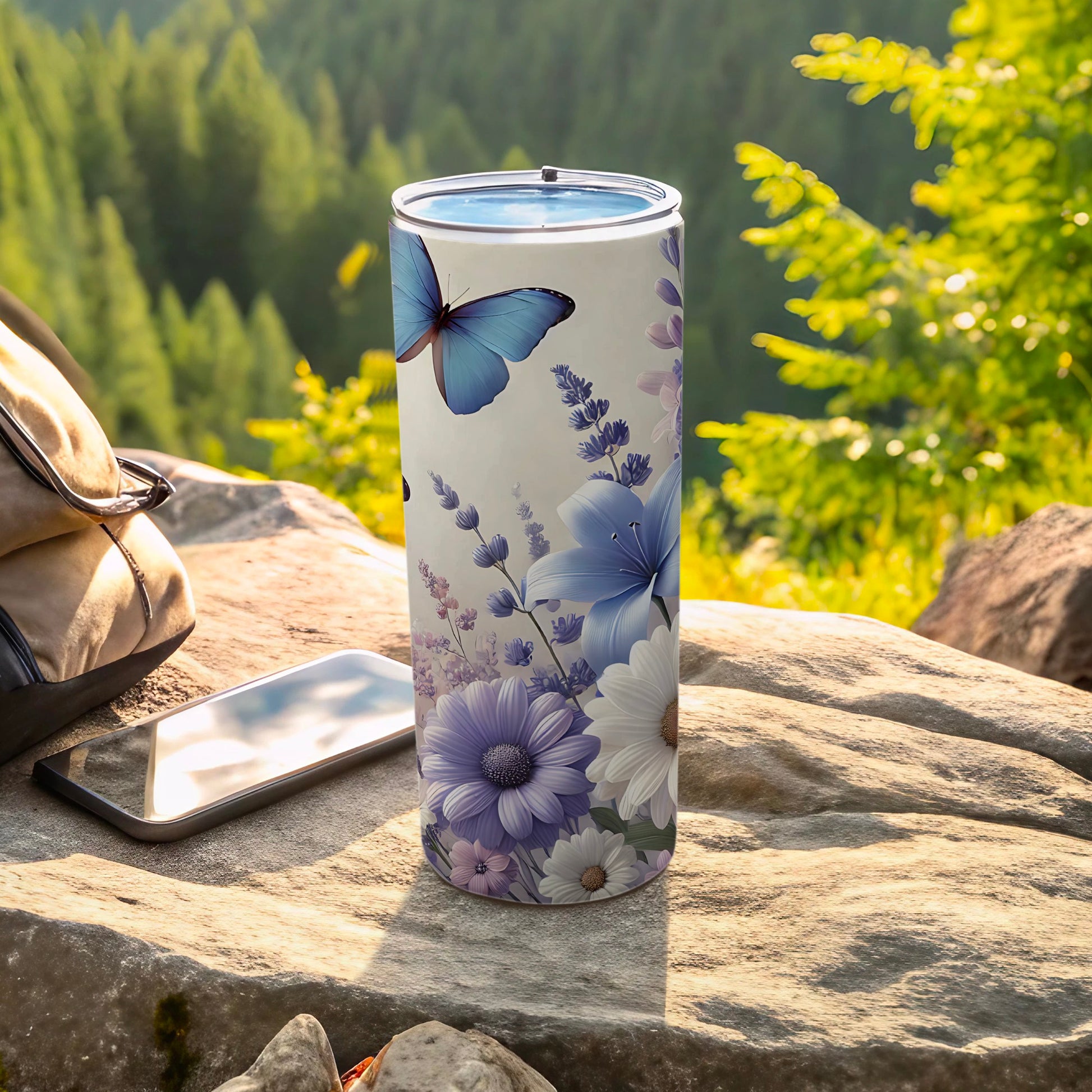 Elegant Blue Butterfly Purple White Floral Tumbler product type