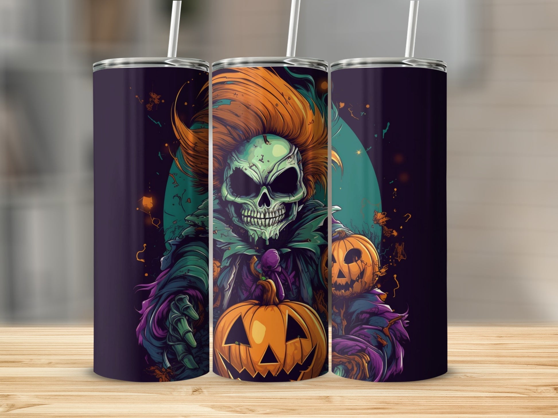 Three tumblers with a Halloween design of a skeleton monster holding pumpkins.