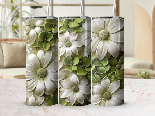Three tumblers featuring embossed white and green floral patterns.