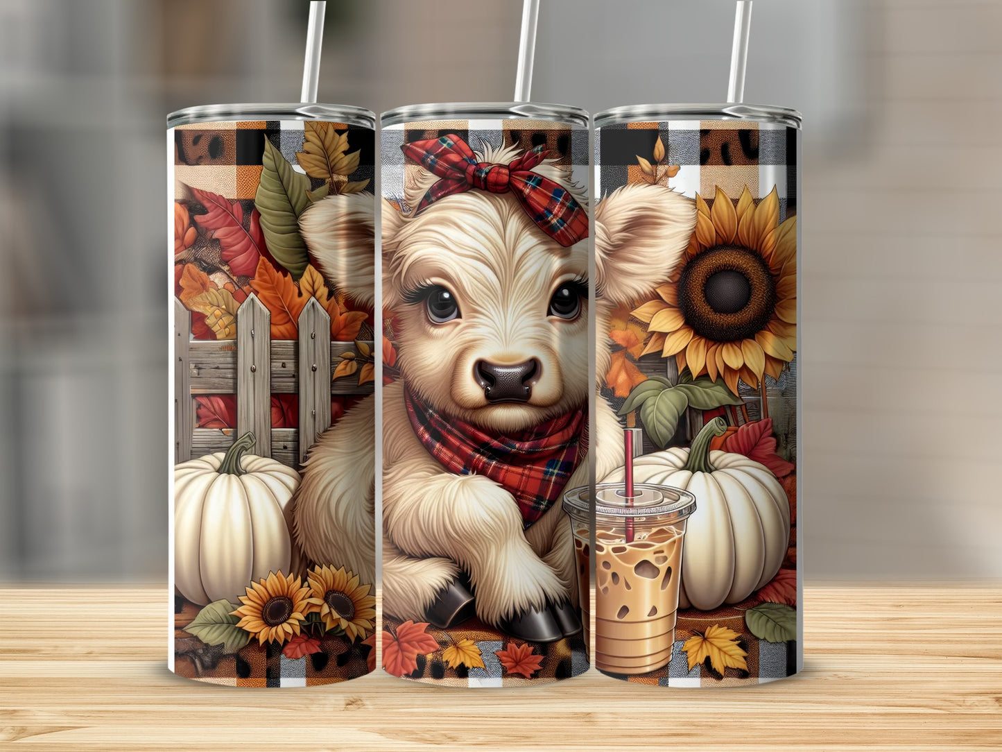 Cow with sunflowers, pumpkins, and plaid background on a tumbler.