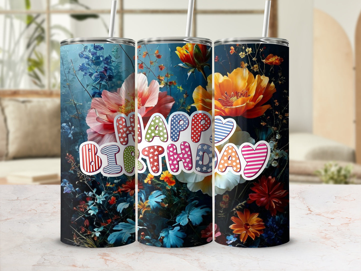 Floral tumbler with "Happy Birthday" text and colorful polka dots.
