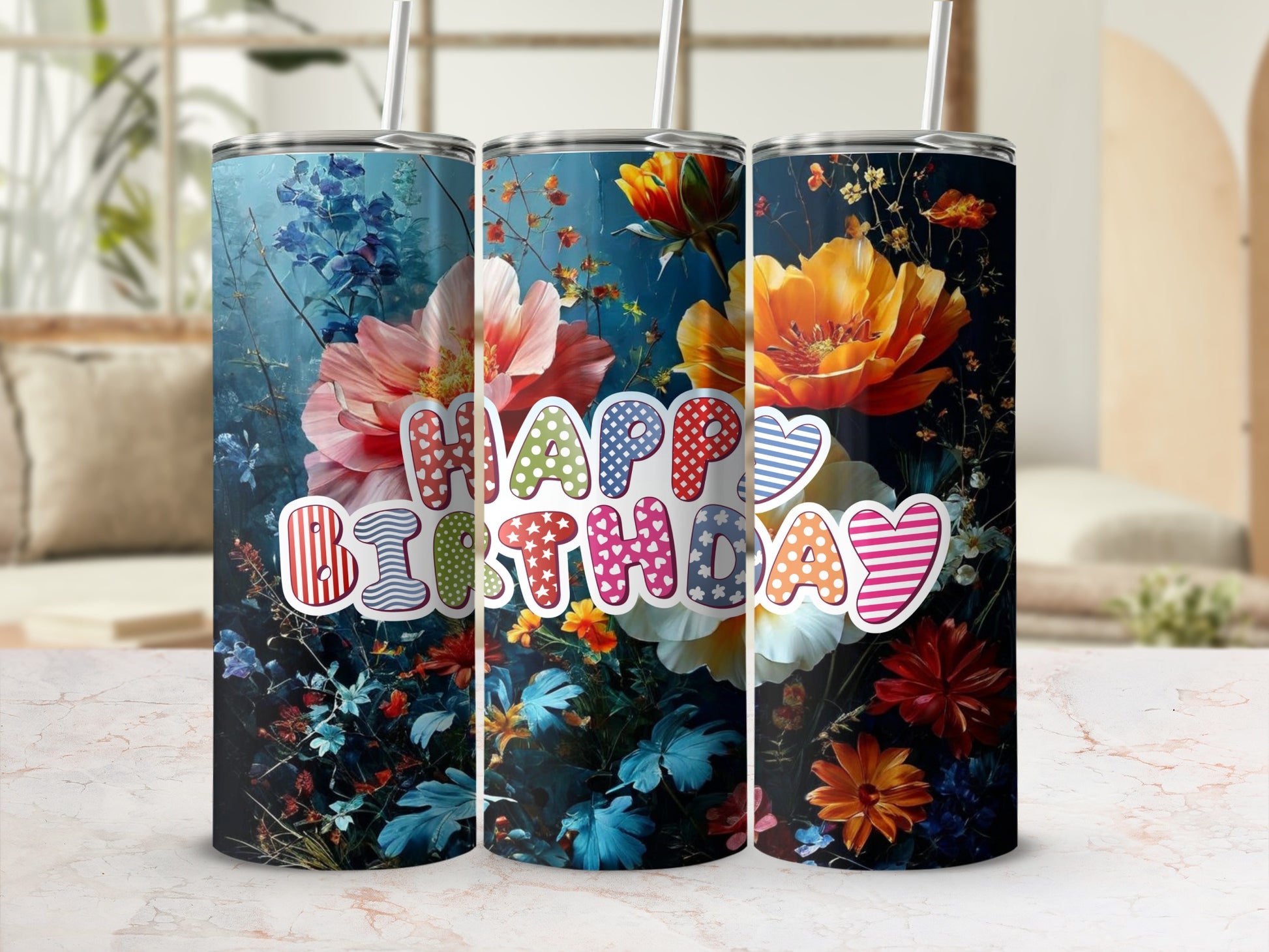 Floral tumbler with "Happy Birthday" text and colorful polka dots.