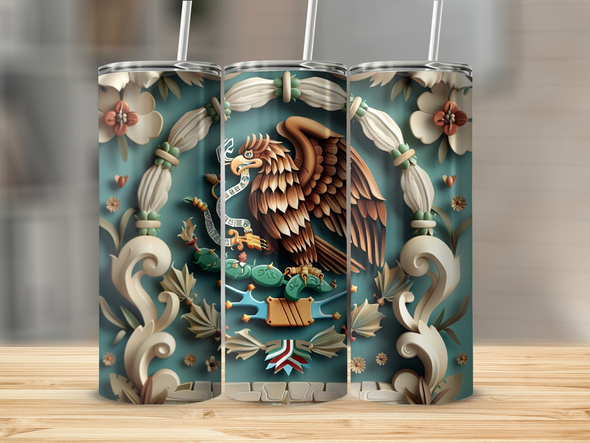 Three tumblers featuring the Mexican flag eagle emblem.