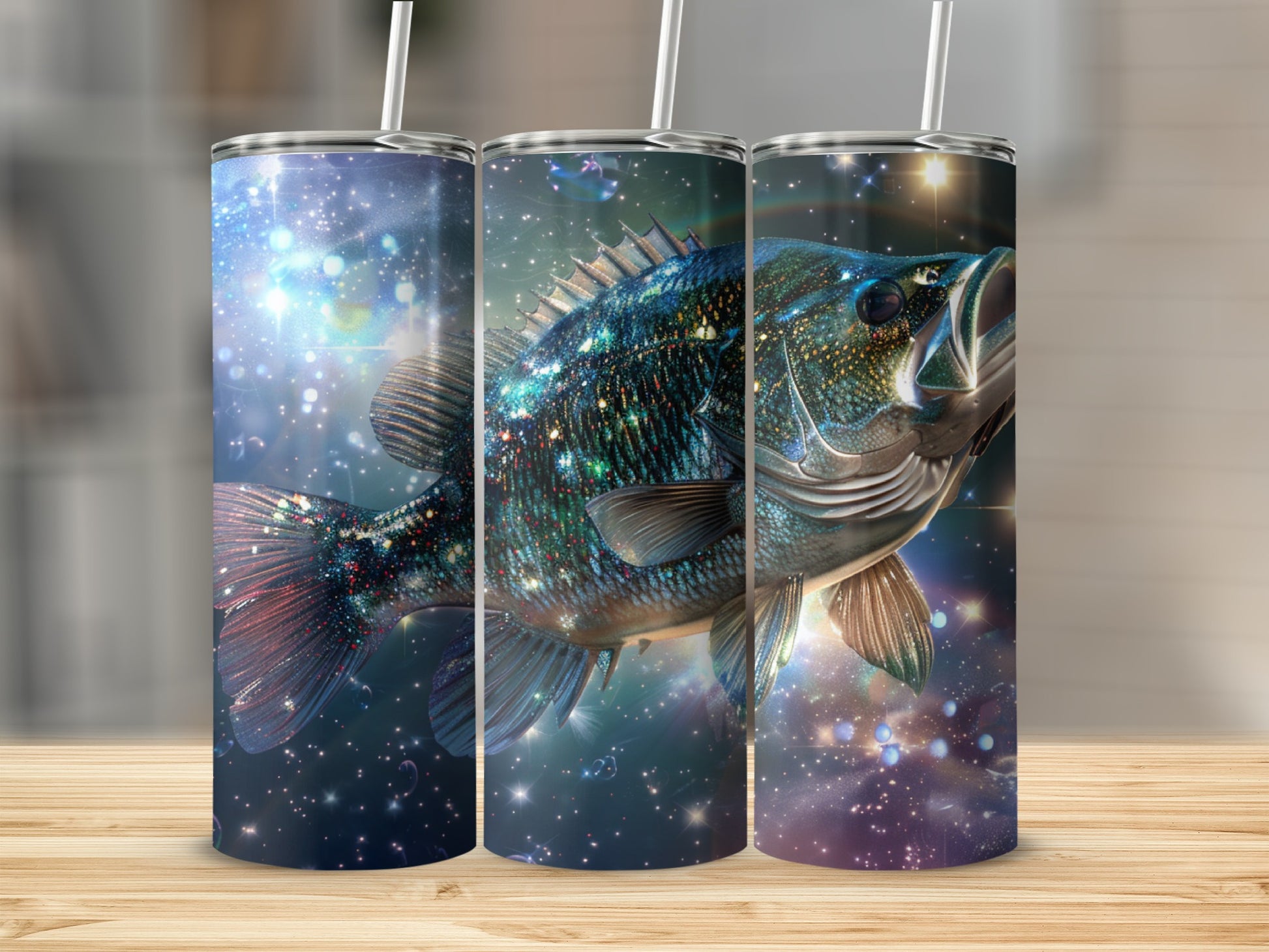 Glittering bass fish swimming among stars and nebulae on a tumbler.