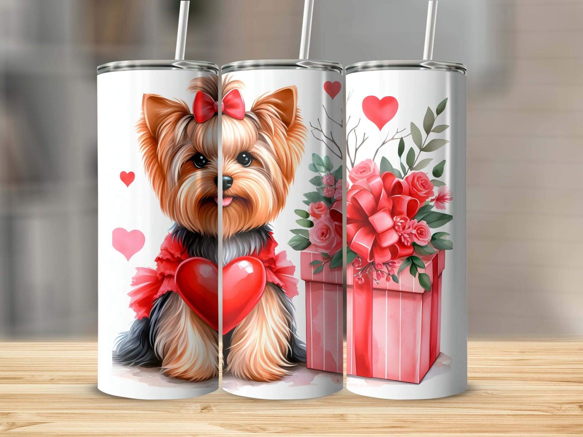 Yorkshire terrier with heart and gift box, pink floral accents.