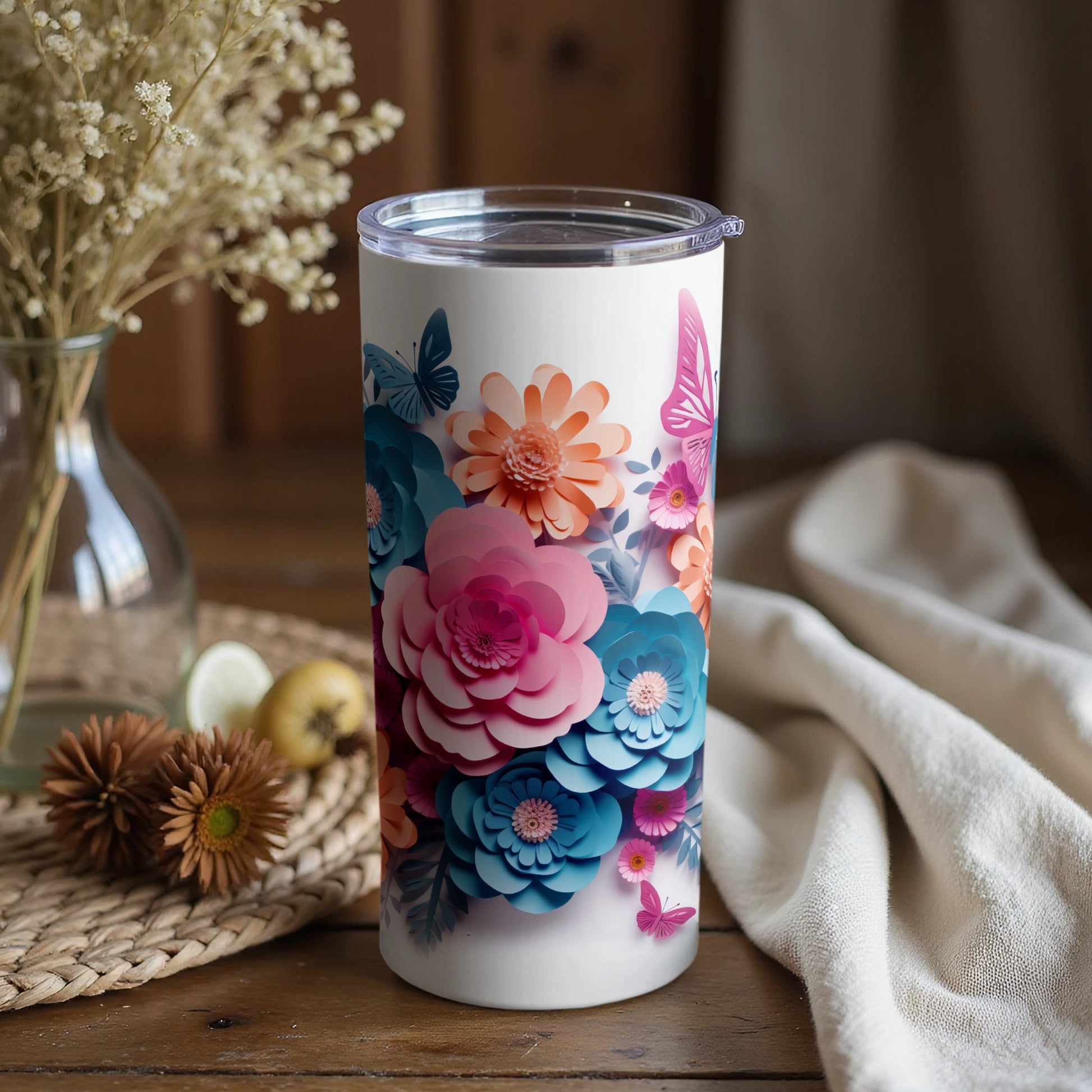 Floral and Butterfly Design Tumbler with Lid Cup
