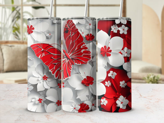 White and red floral pattern tumbler with a large red butterfly.