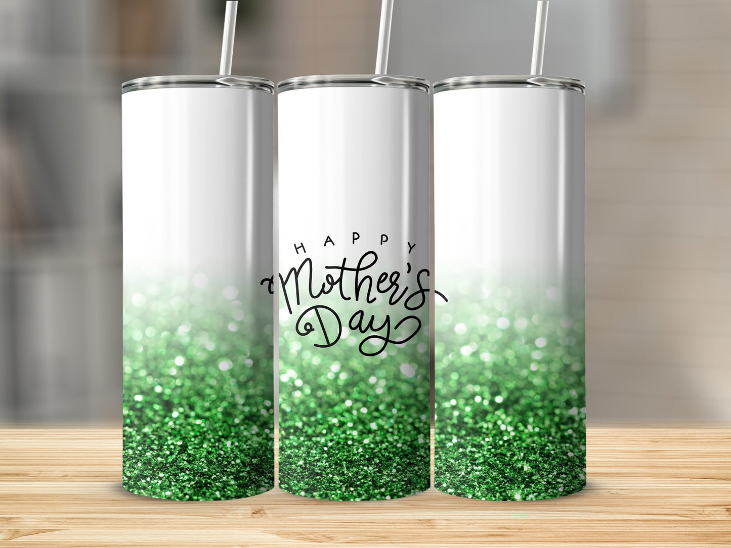 Three tumblers with green glitter and "Happy Mother's Day" text.