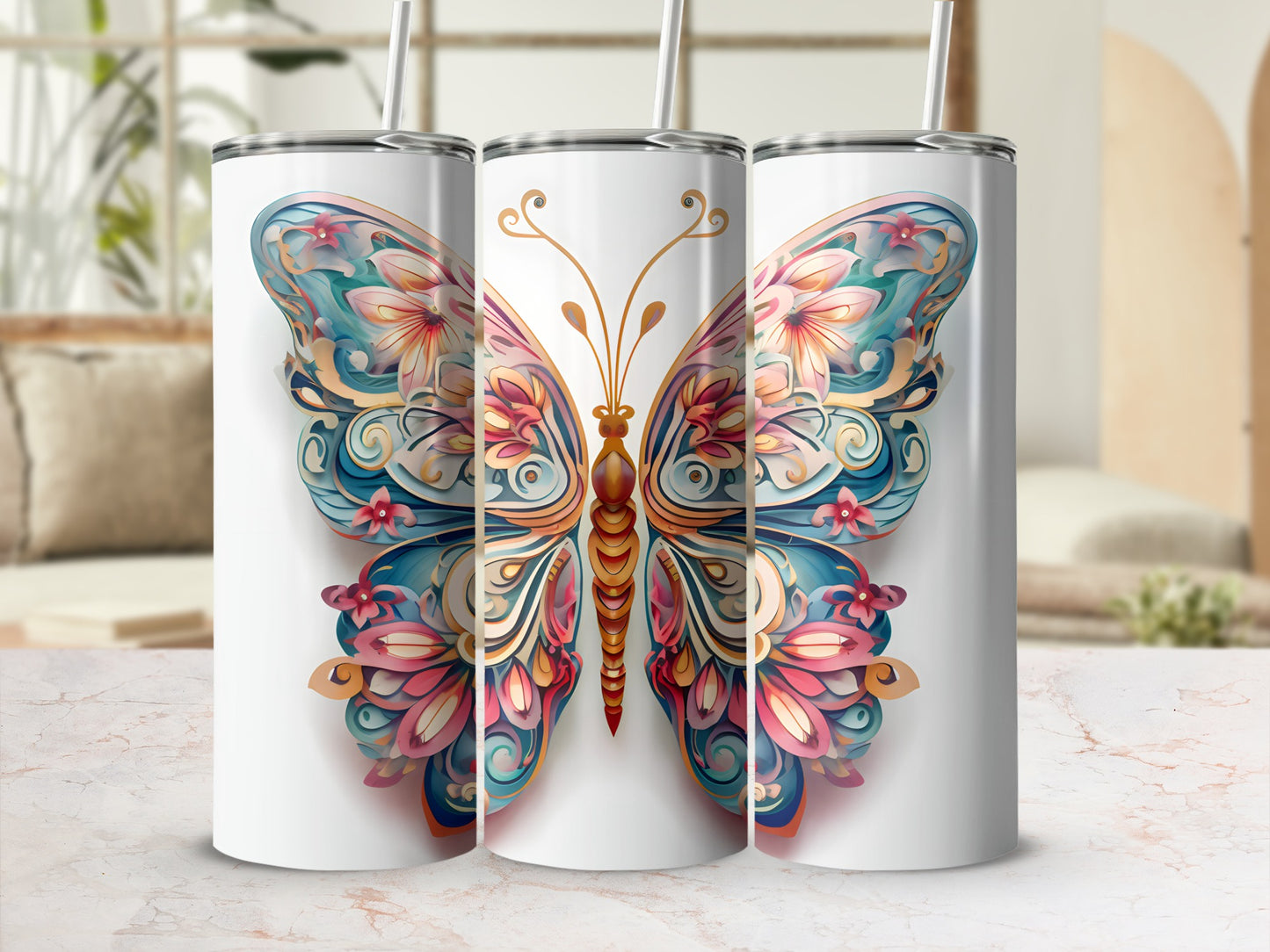 Three white tumblers with a colorful butterfly design.