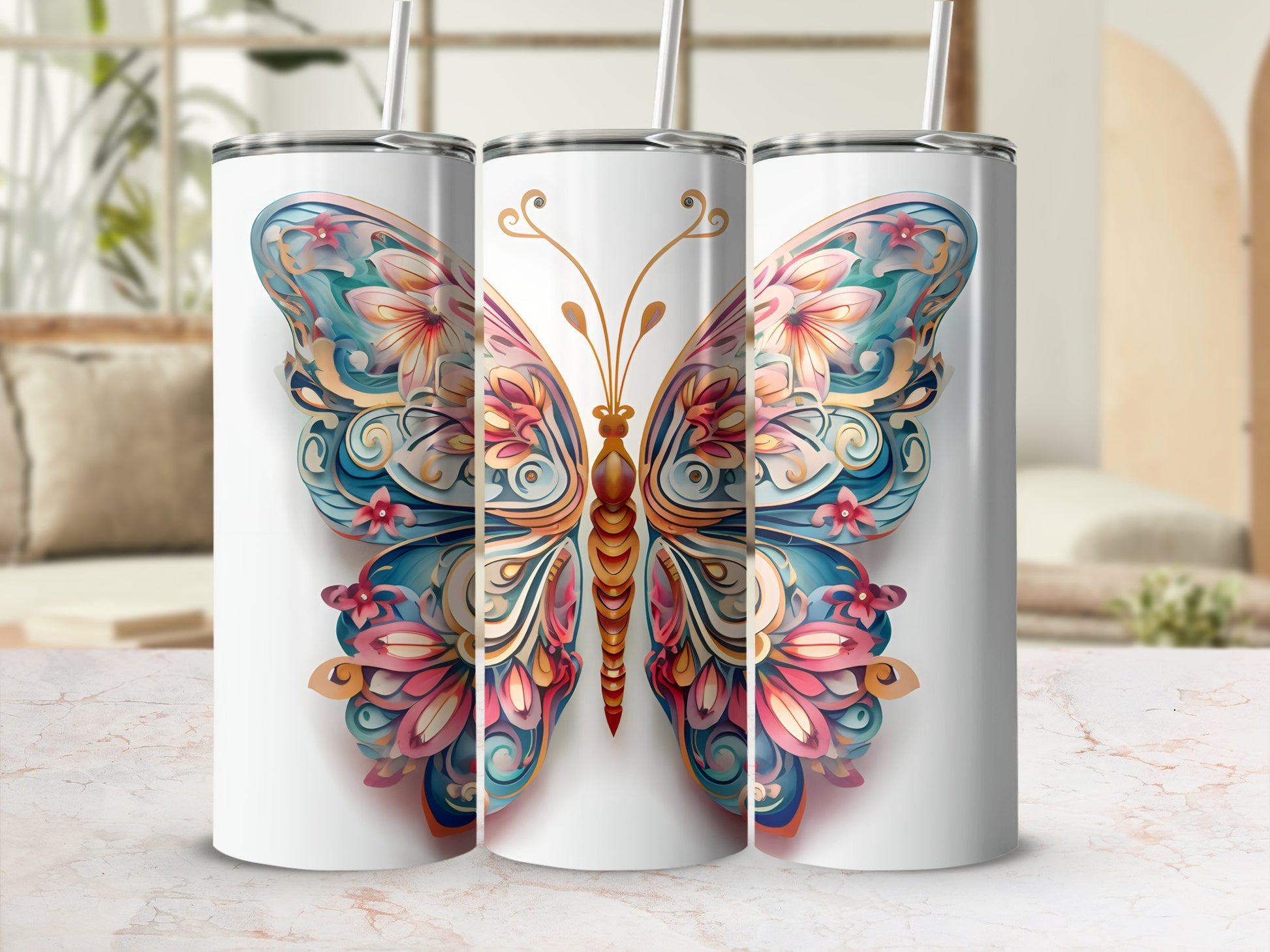 Three white tumblers with a colorful butterfly design.