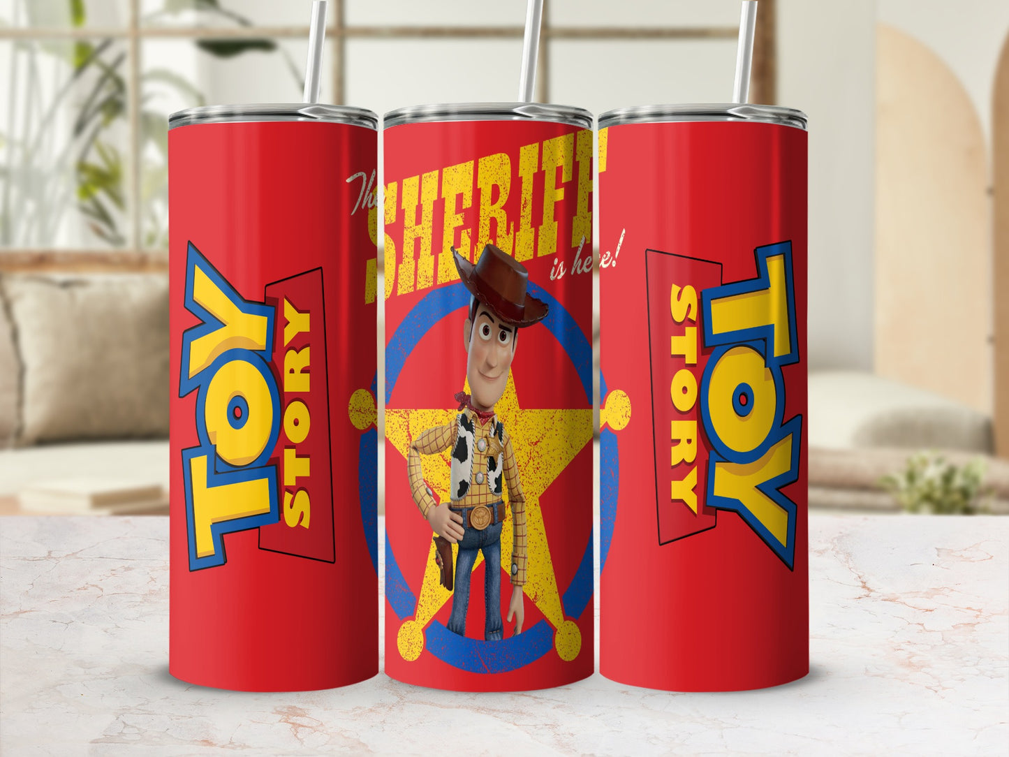 Toy Story Sheriff Woody on red tumbler with yellow star.