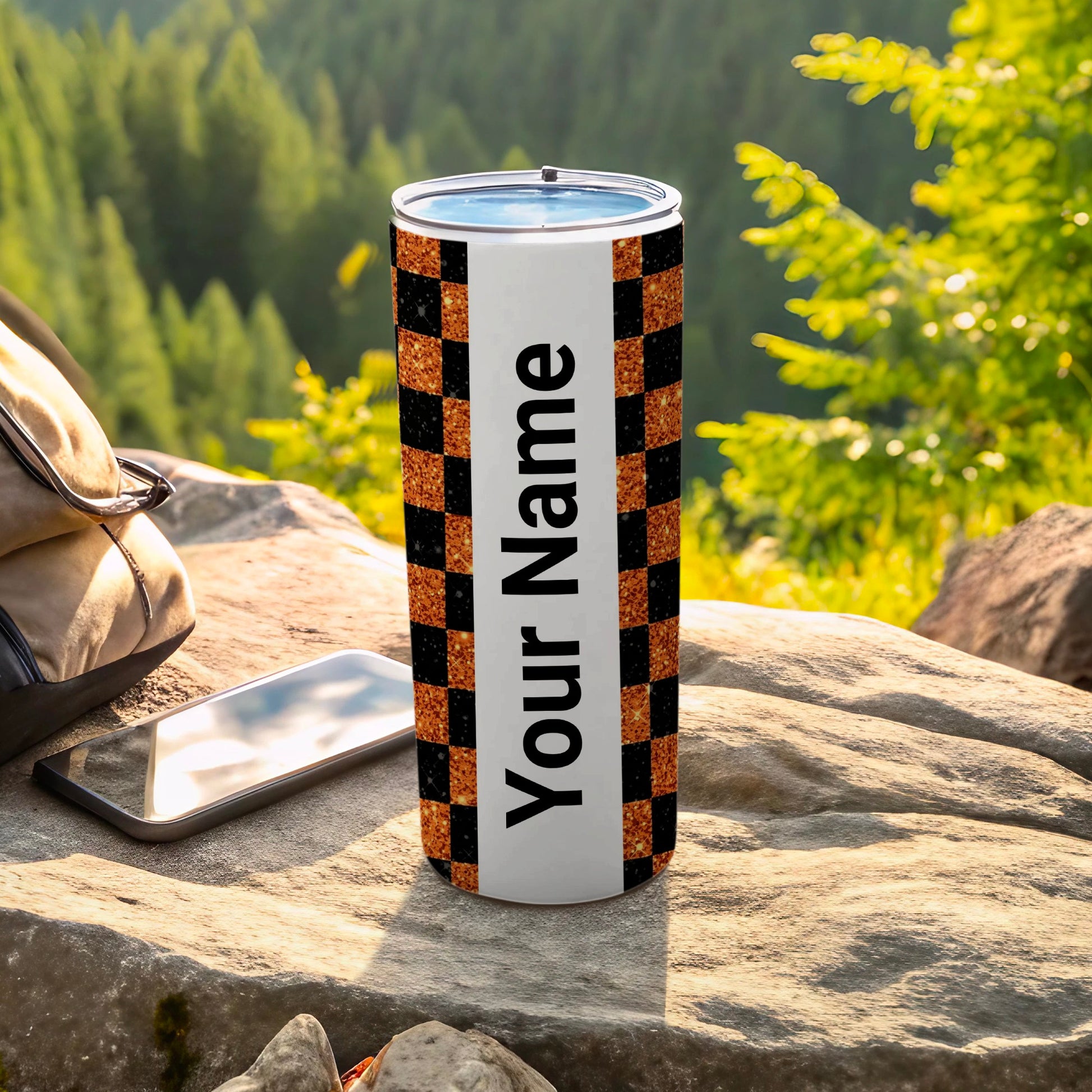 Personalized Black and Orange Checkered Custom Tumbler