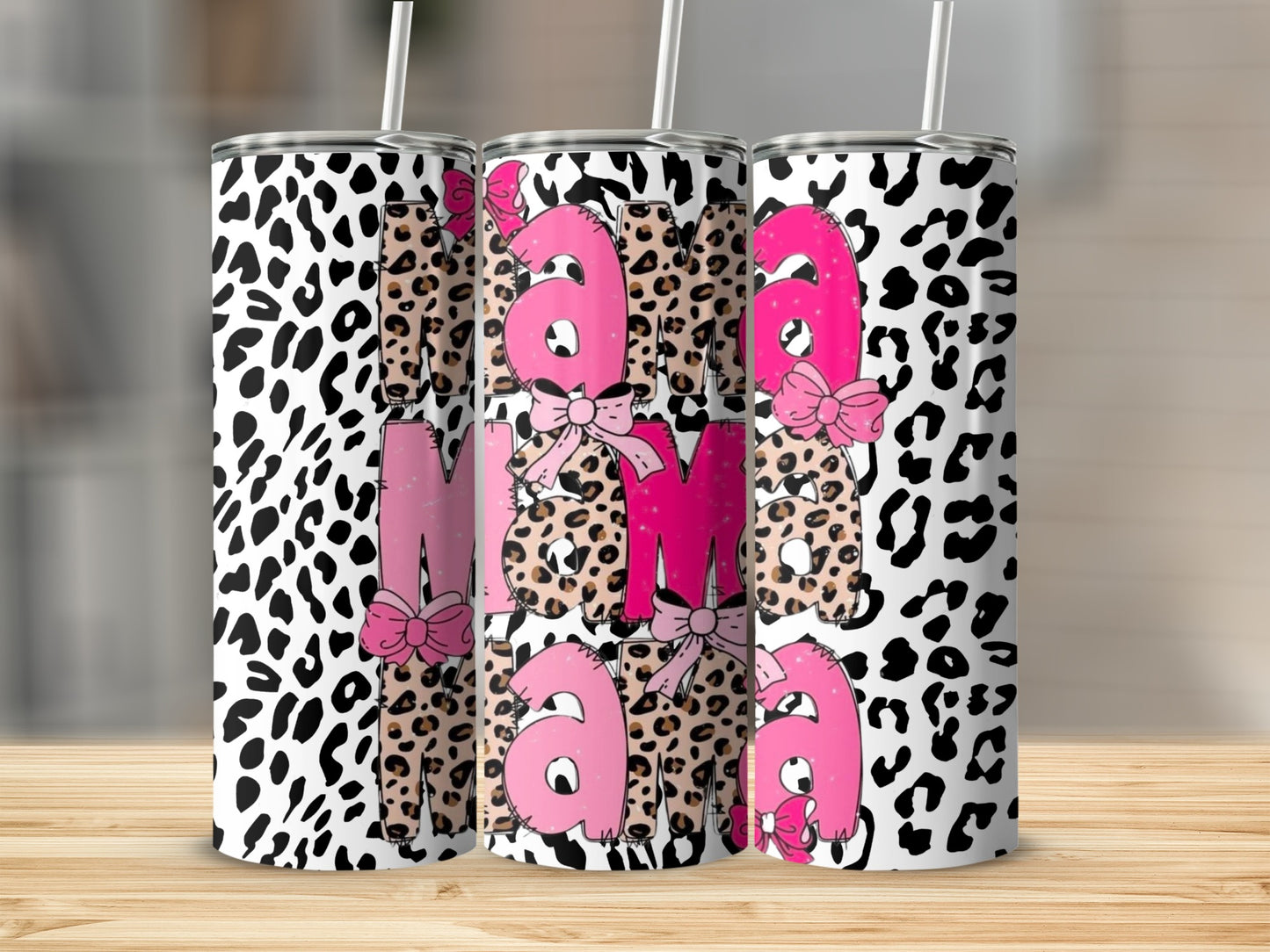 Leopard Print Mama Design Tumbler with Pink Bows