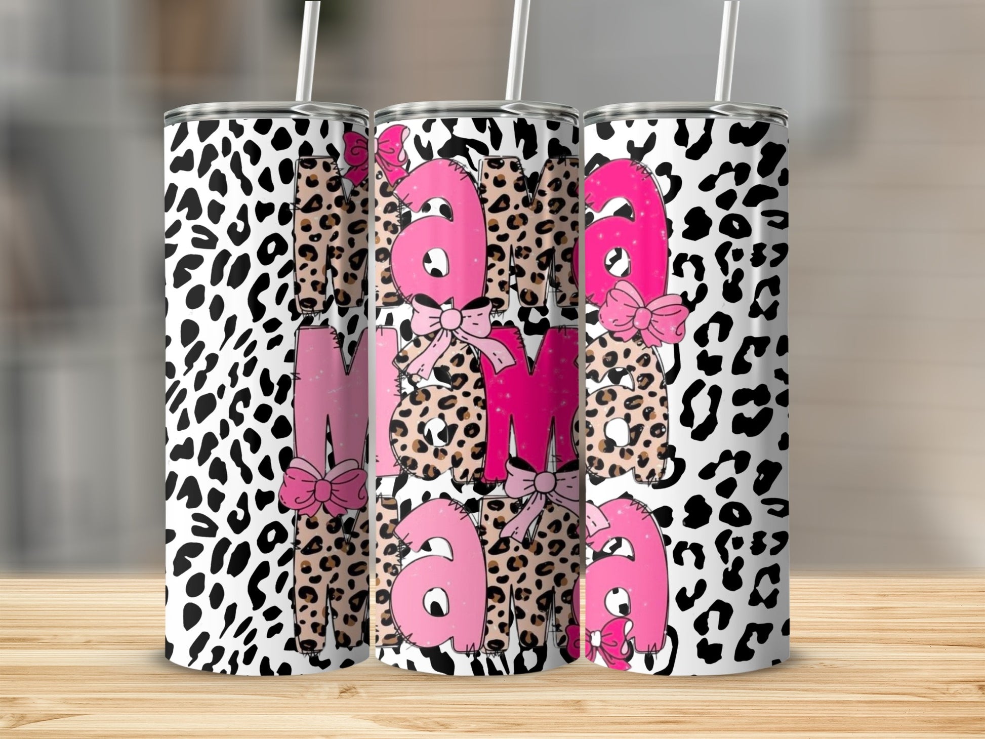 Leopard Print Mama Design Tumbler with Pink Bows