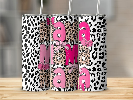 Leopard Print Mama Design Tumbler with Pink Bows