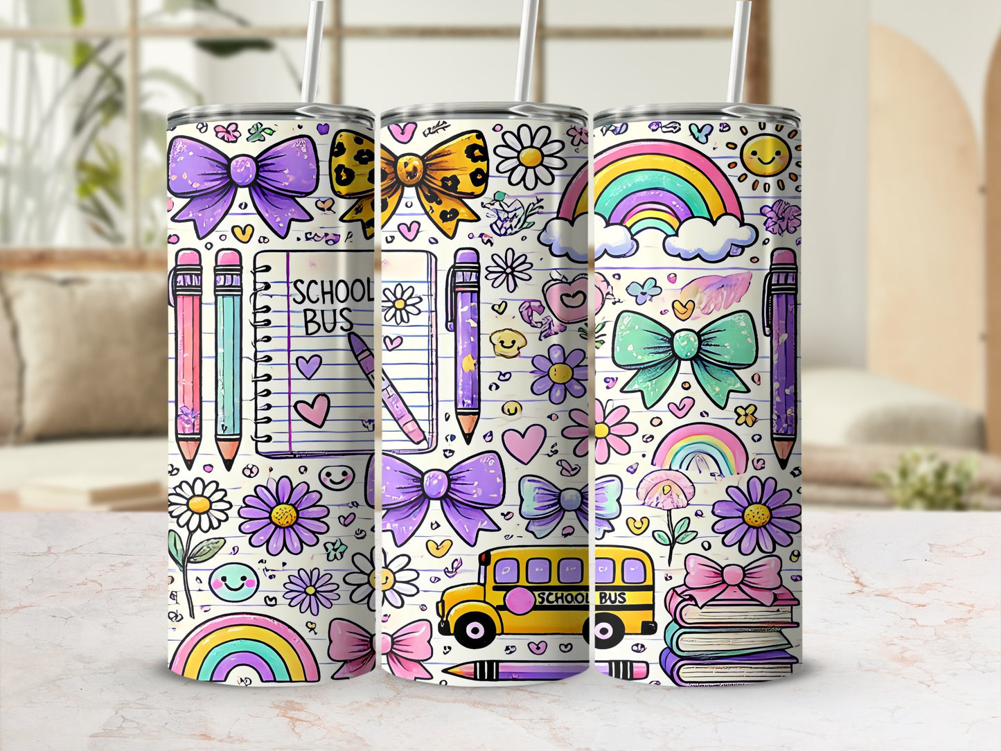Three patterned tumblers with school-themed drawings like bows, pencils, flowers, and school buses.