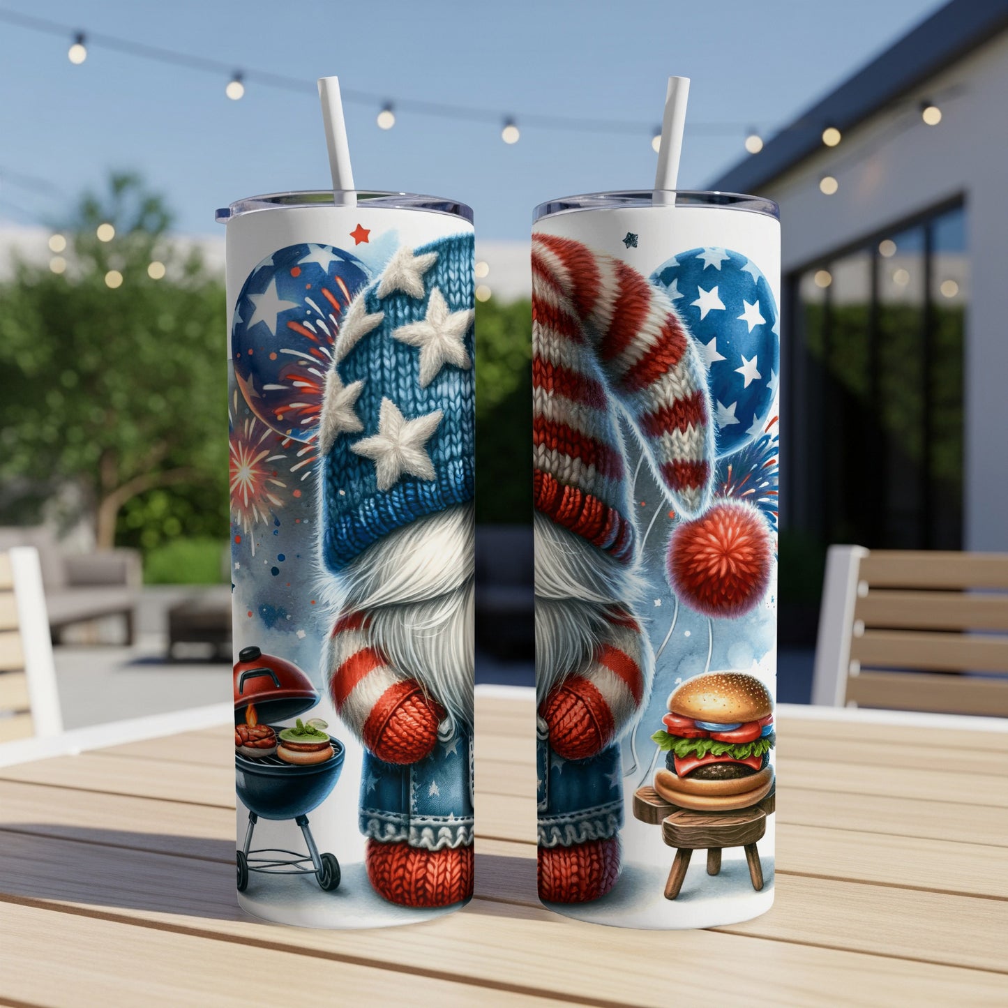 Patriotic gnome with grill and hamburger on a table.