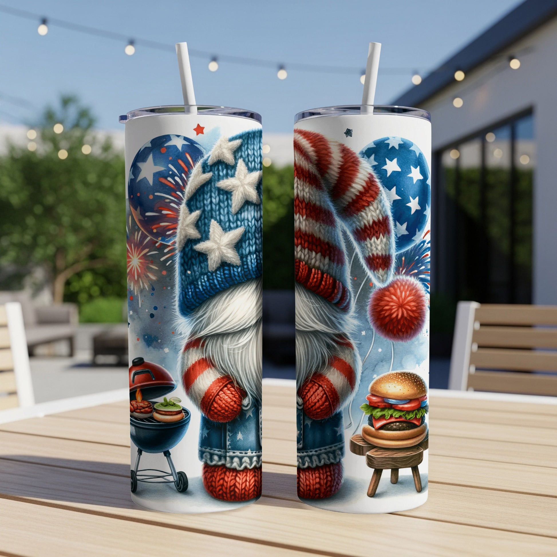 Patriotic gnome with grill and hamburger on a table.