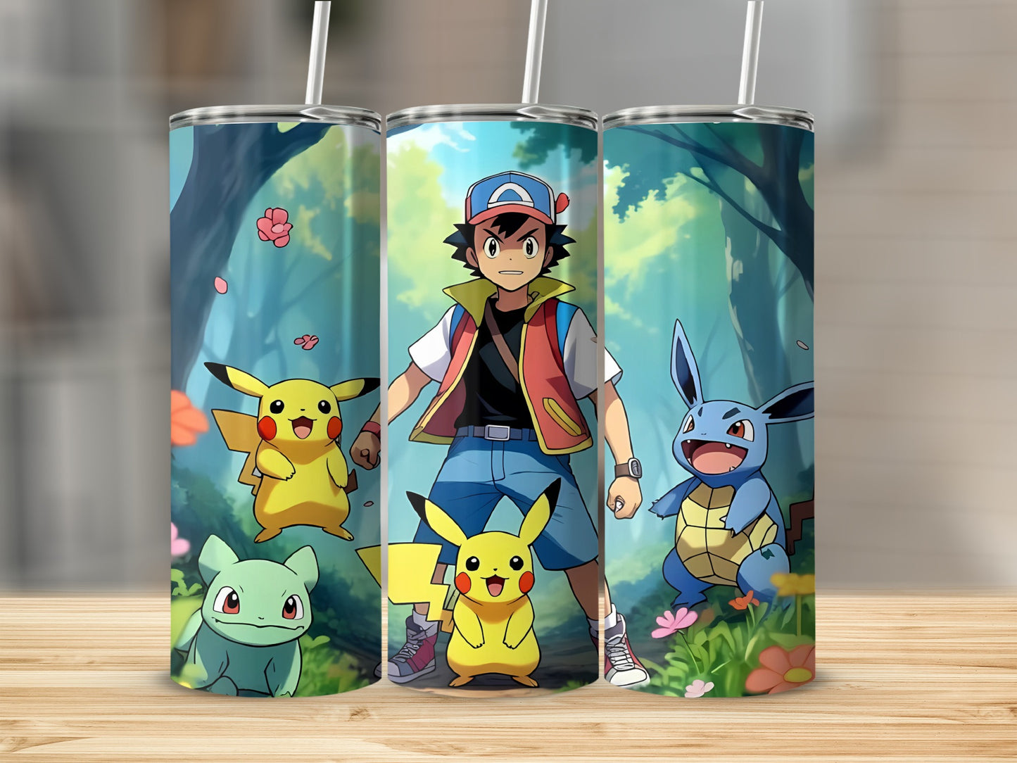 Vibrant Anime Characters and Pokemon Tumbler