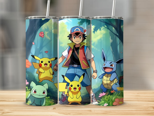 Vibrant Anime Characters and Pokemon Tumbler