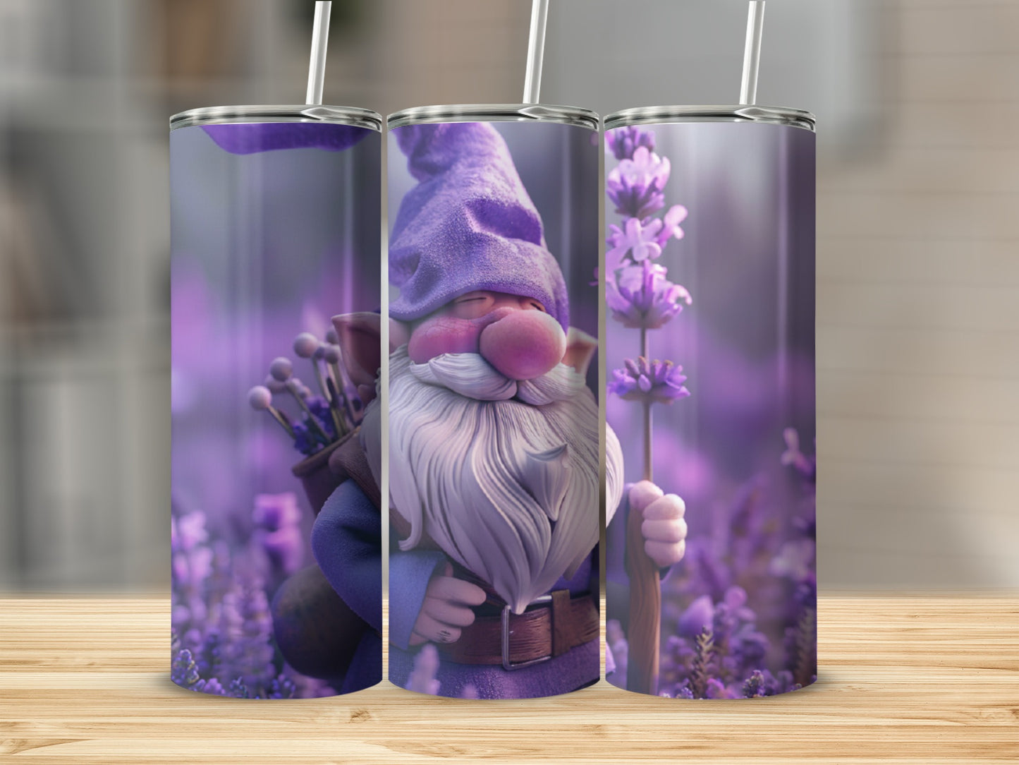 Three tumblers featuring a gnome in a lavender field.