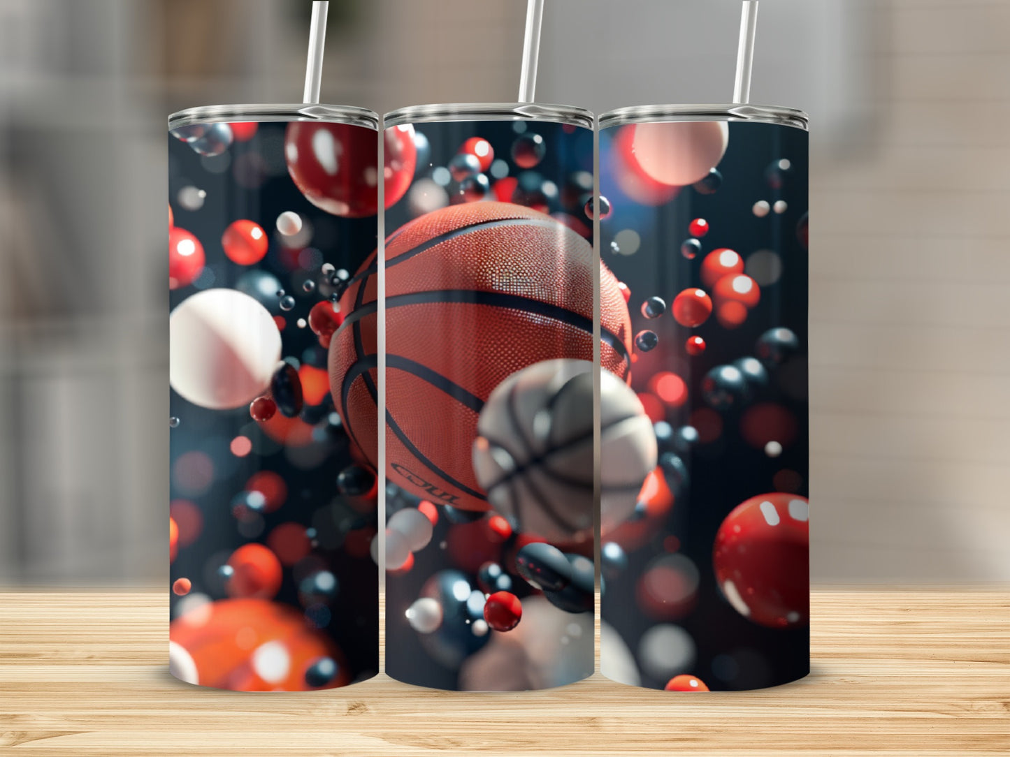 Three tumblers with basketballs and red, white, and blue spheres on a wooden surface.