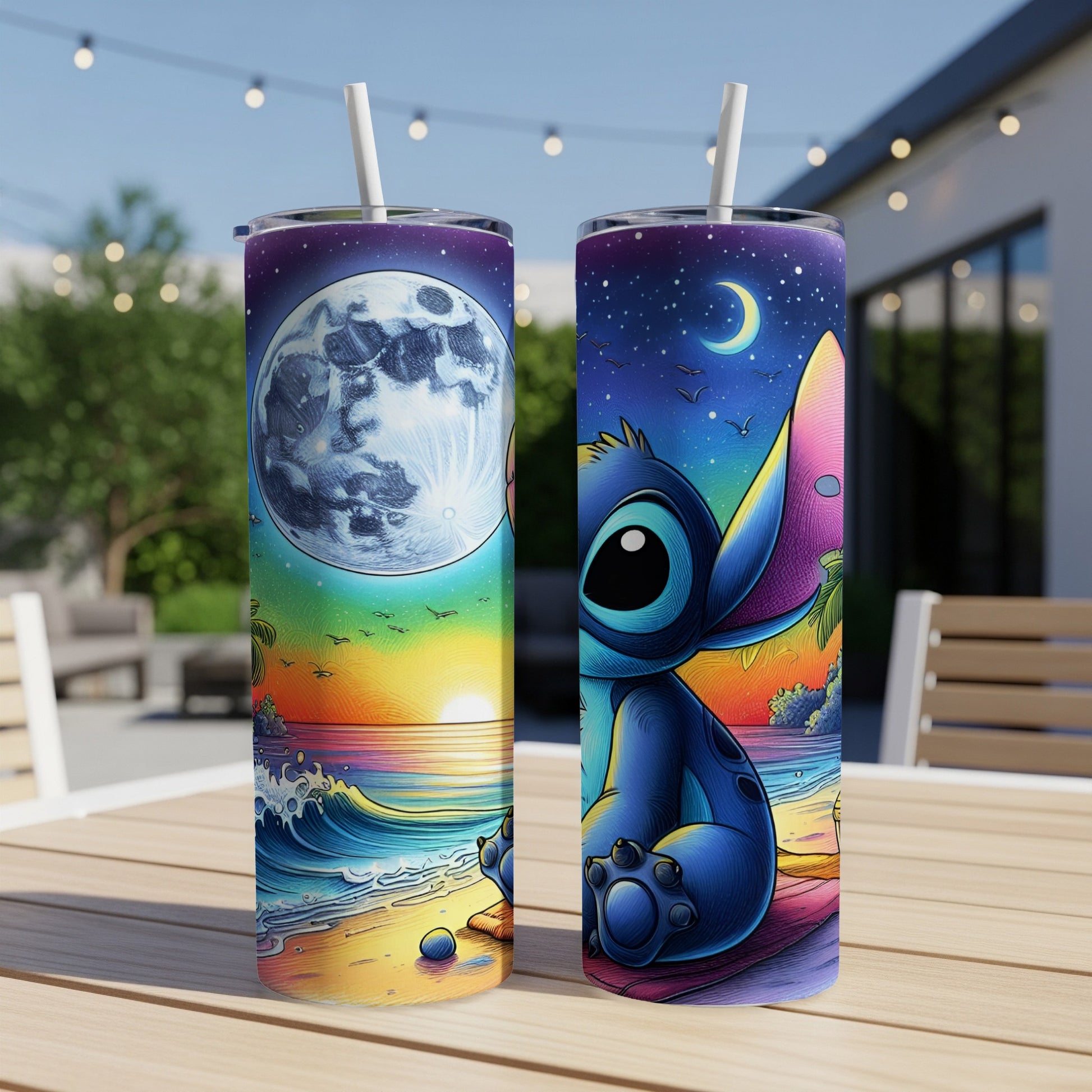 Stitch sitting on beach with moon and stars on colorful tumbler.