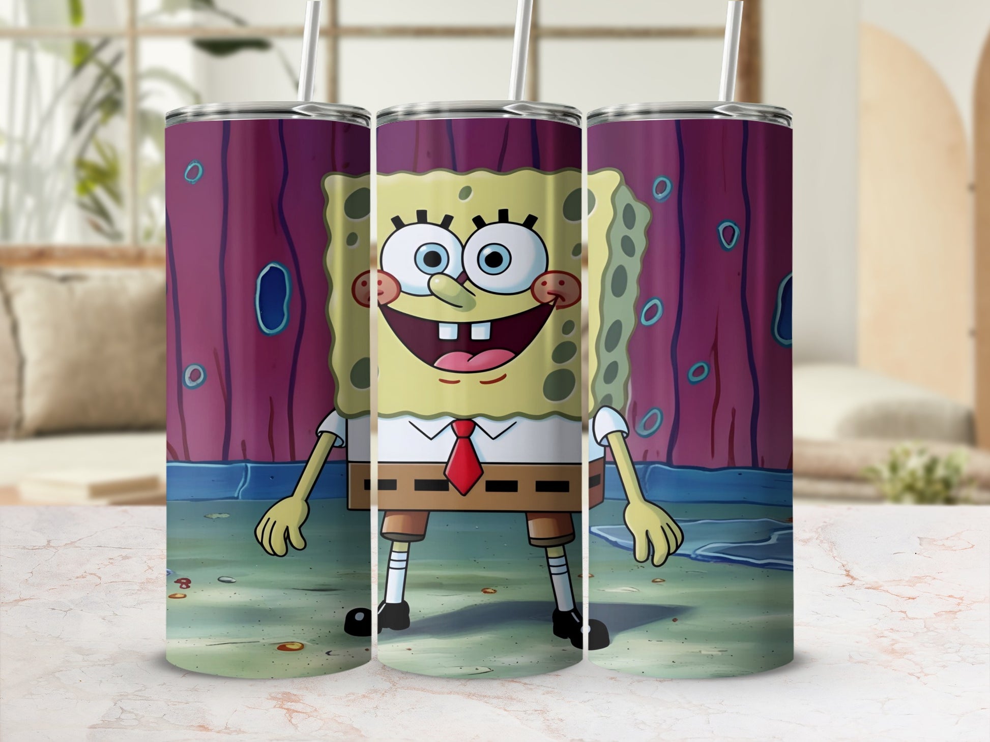 SpongeBob SquarePants standing and smiling with a red tie and brown shorts.