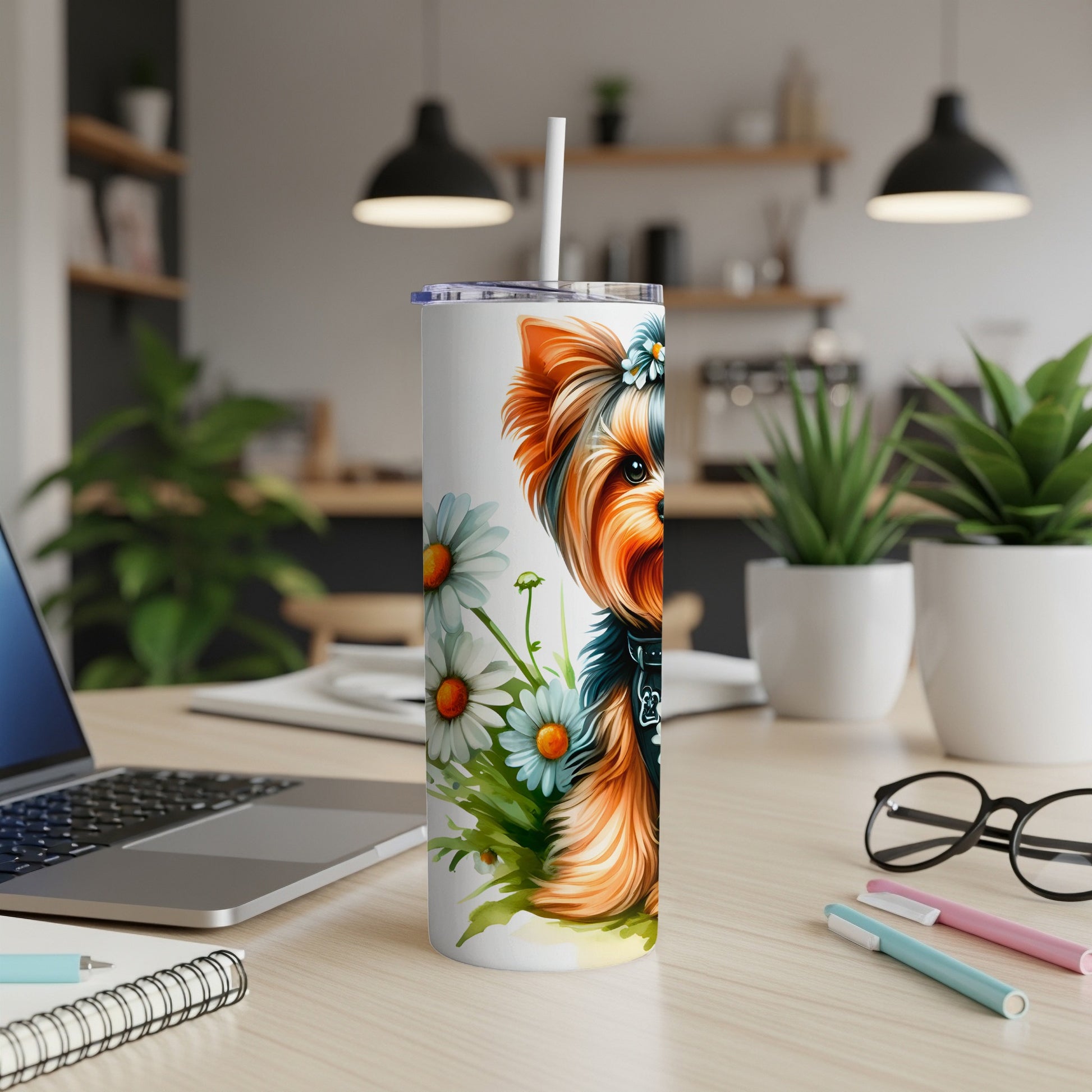 Yorkshire Terrier dog illustration on a white tumbler with daisies.