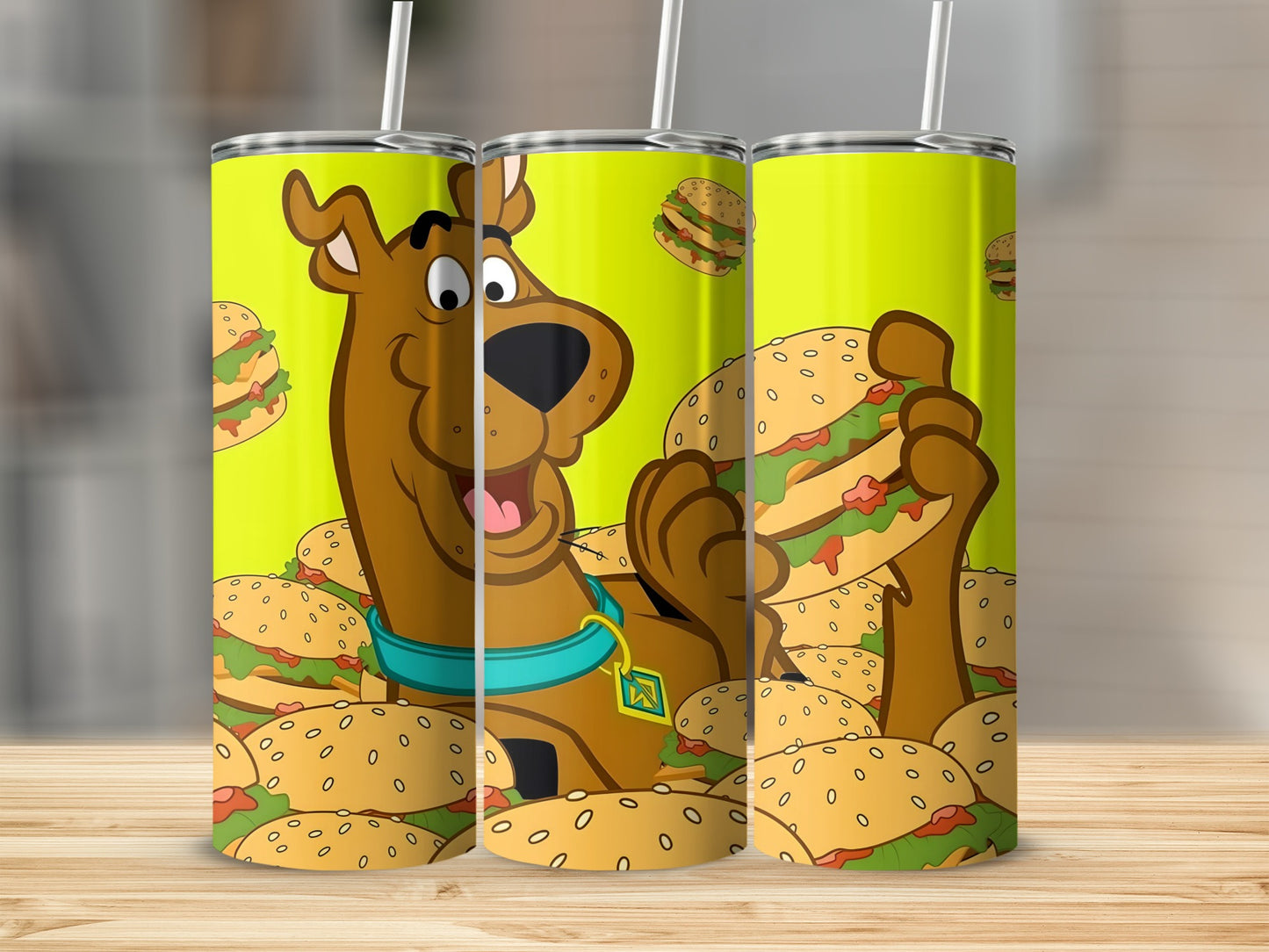 Scooby-Doo holding a hamburger among many burgers, yellow background.