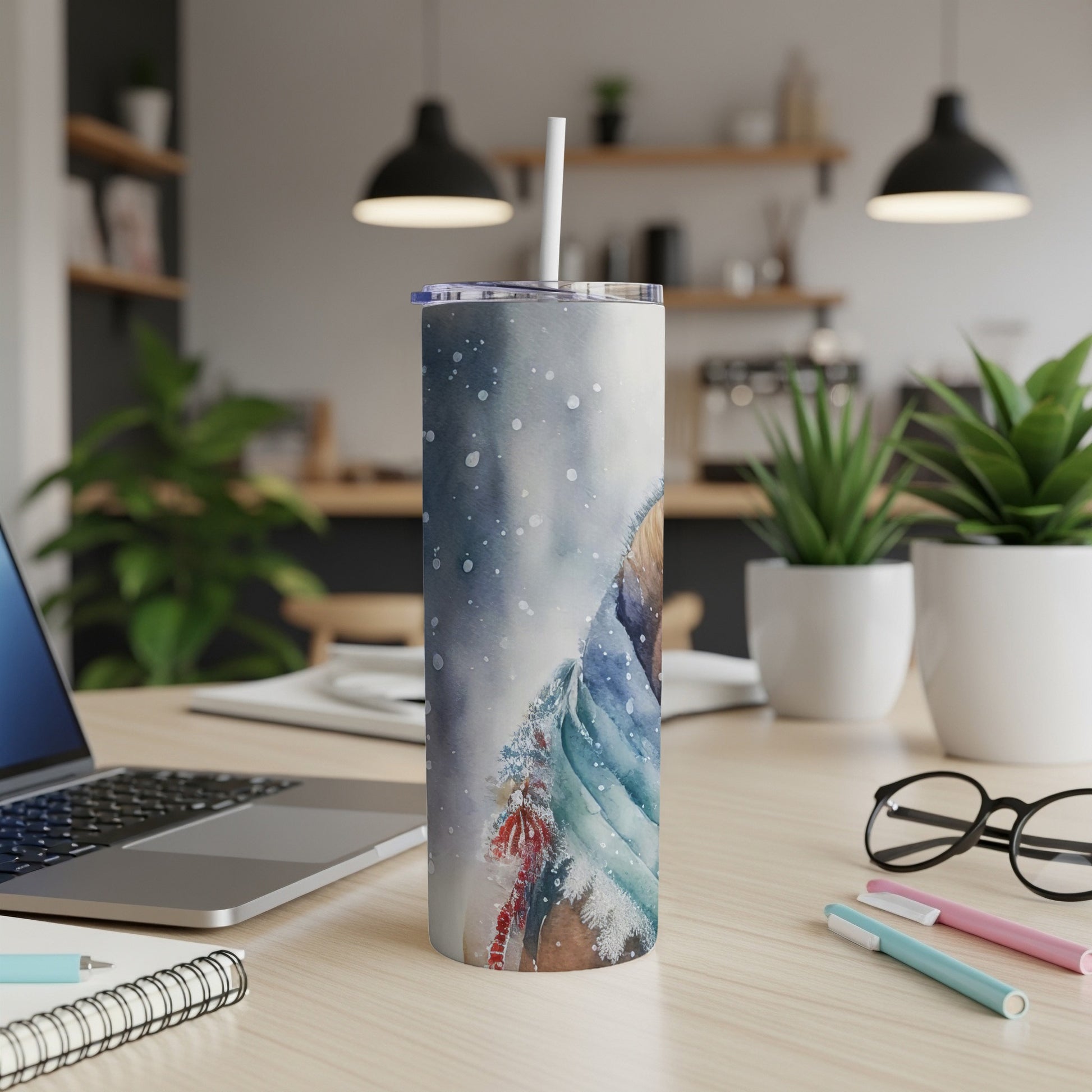Snowy tumbler with watercolor woodland creature and blue scarf.