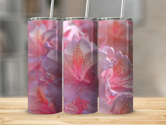 Three tumblers featuring a close-up of pink and white flowers with water droplets.