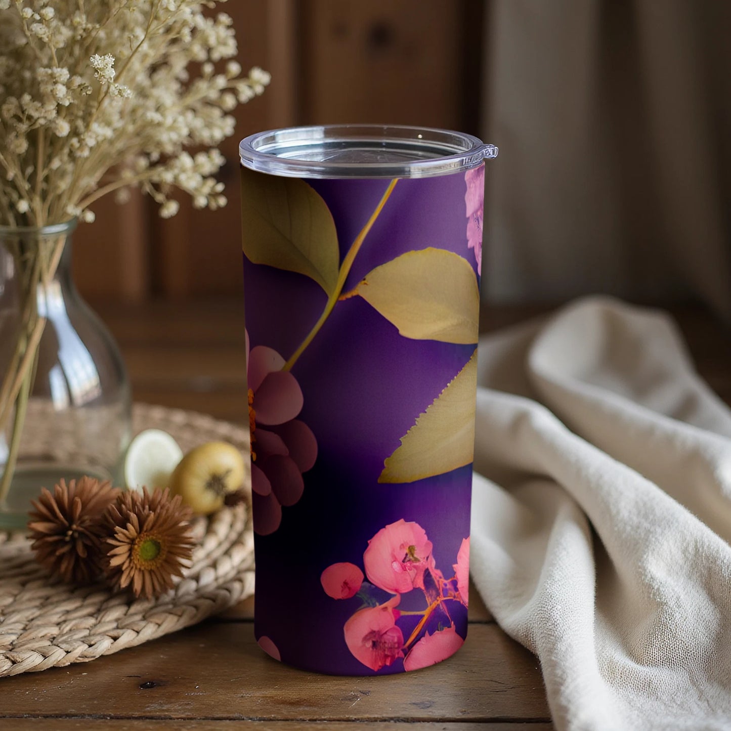 Floral Purple and Pink Insulated Tumbler with Lid