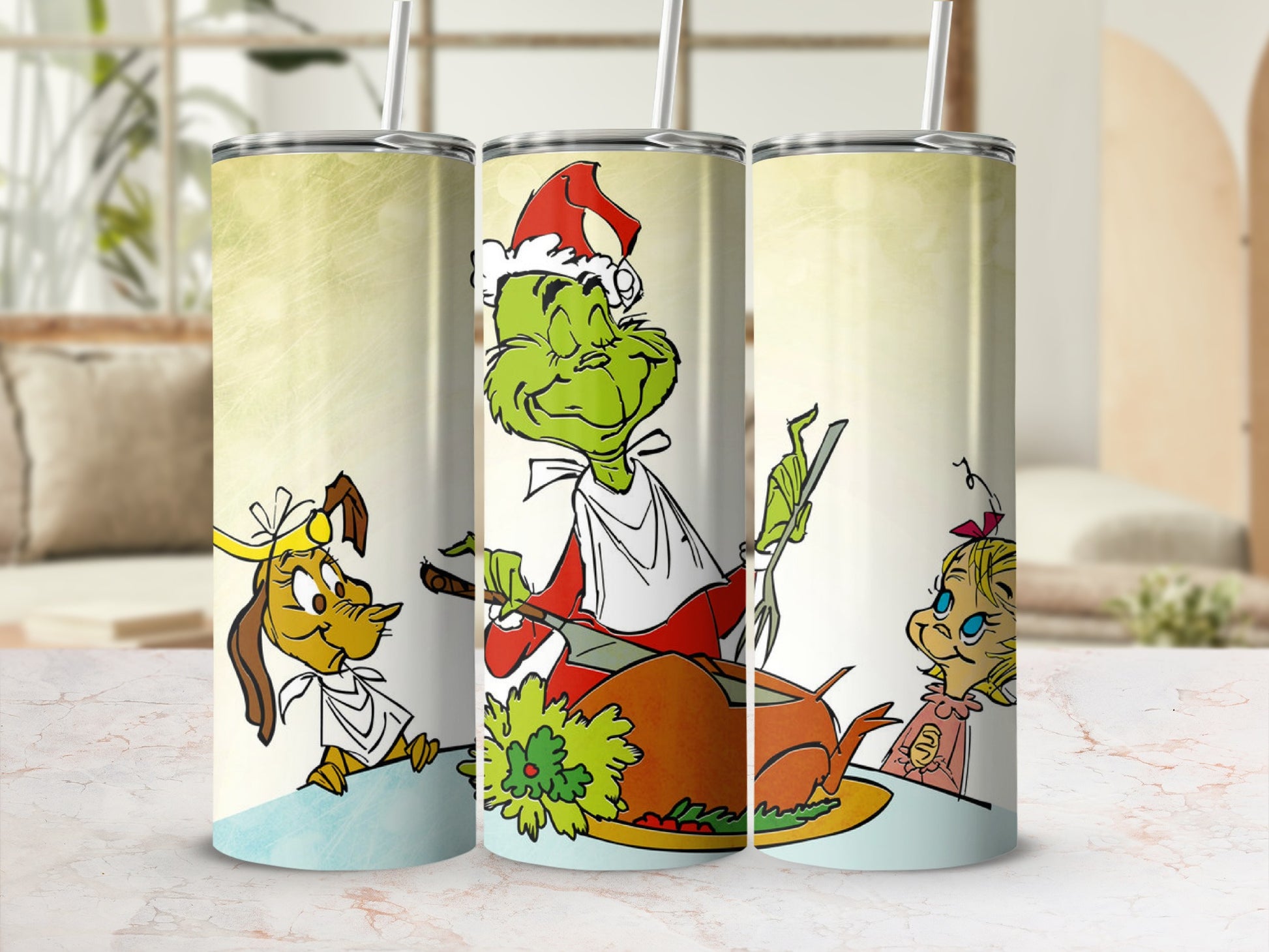 The Grinch carving a turkey with Cindy Lou Who and Max.