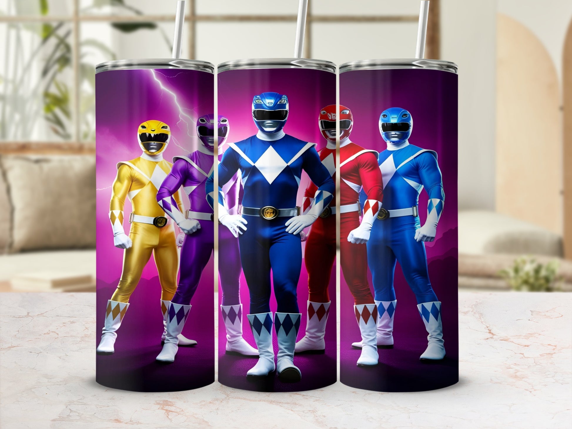 Four Power Rangers in colorful suits standing side-by-side.